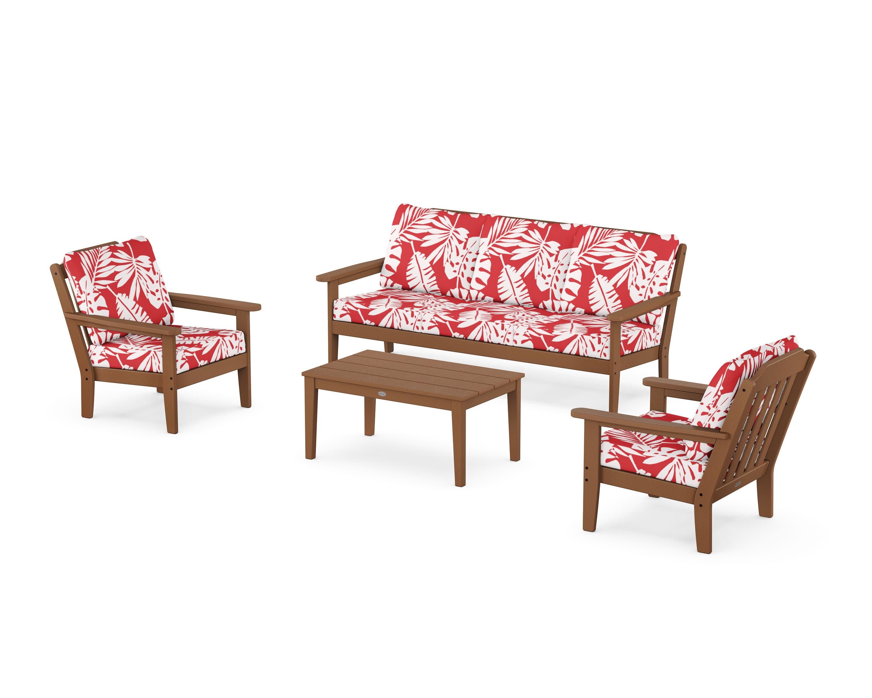 Cottage 4-Piece Deep Seating Set with Sofa in Teak / Leaf Crimson