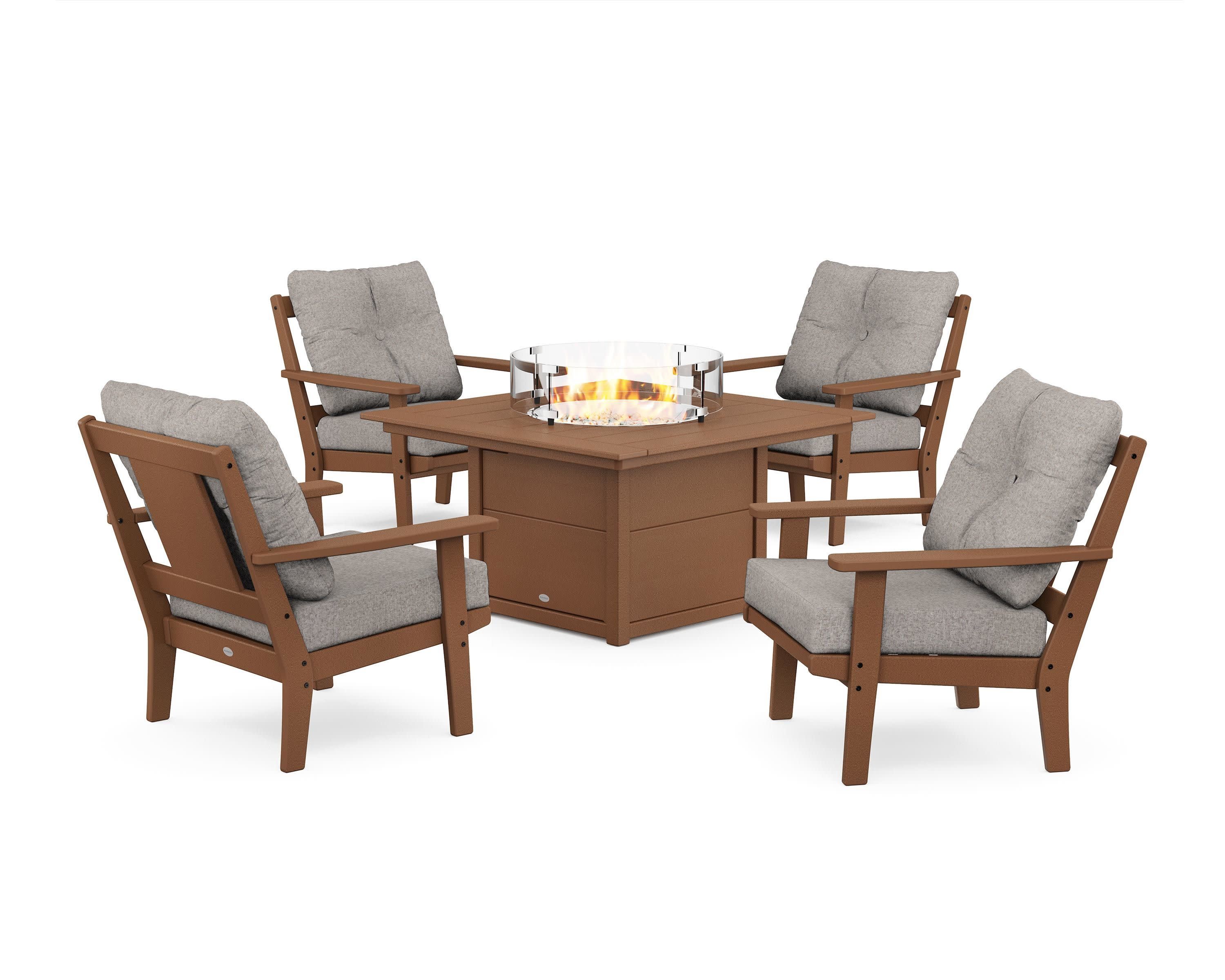 Prairie 5-Piece Deep Seating Set with Fire Pit Table in Teak / Weathered Tweed