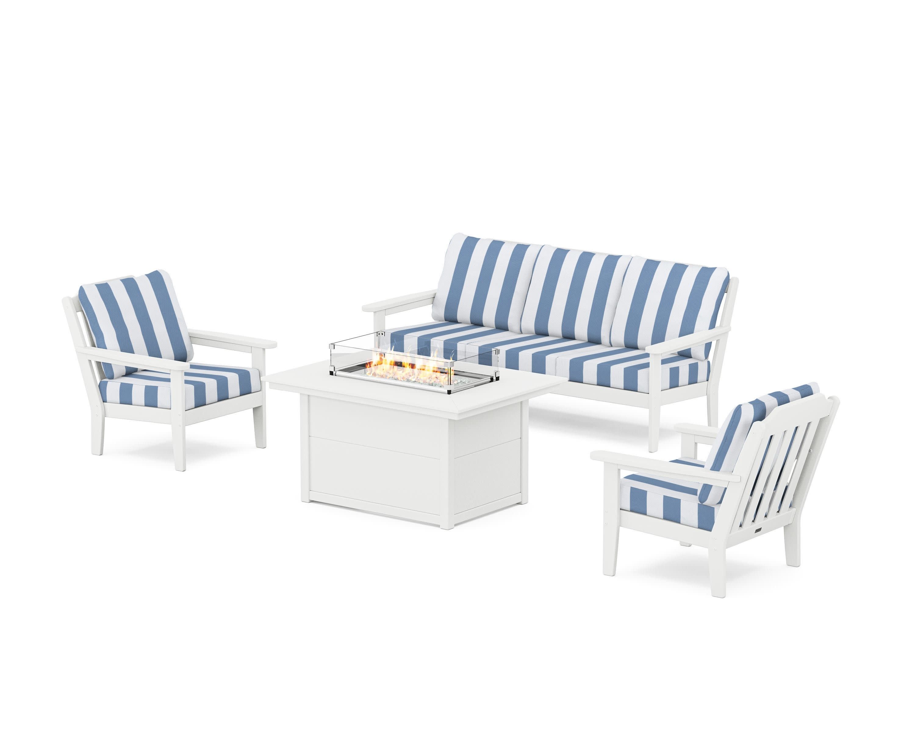 Cottage Deep Seating Fire Pit Table Set in White / Cabana Stripe Sky Blue