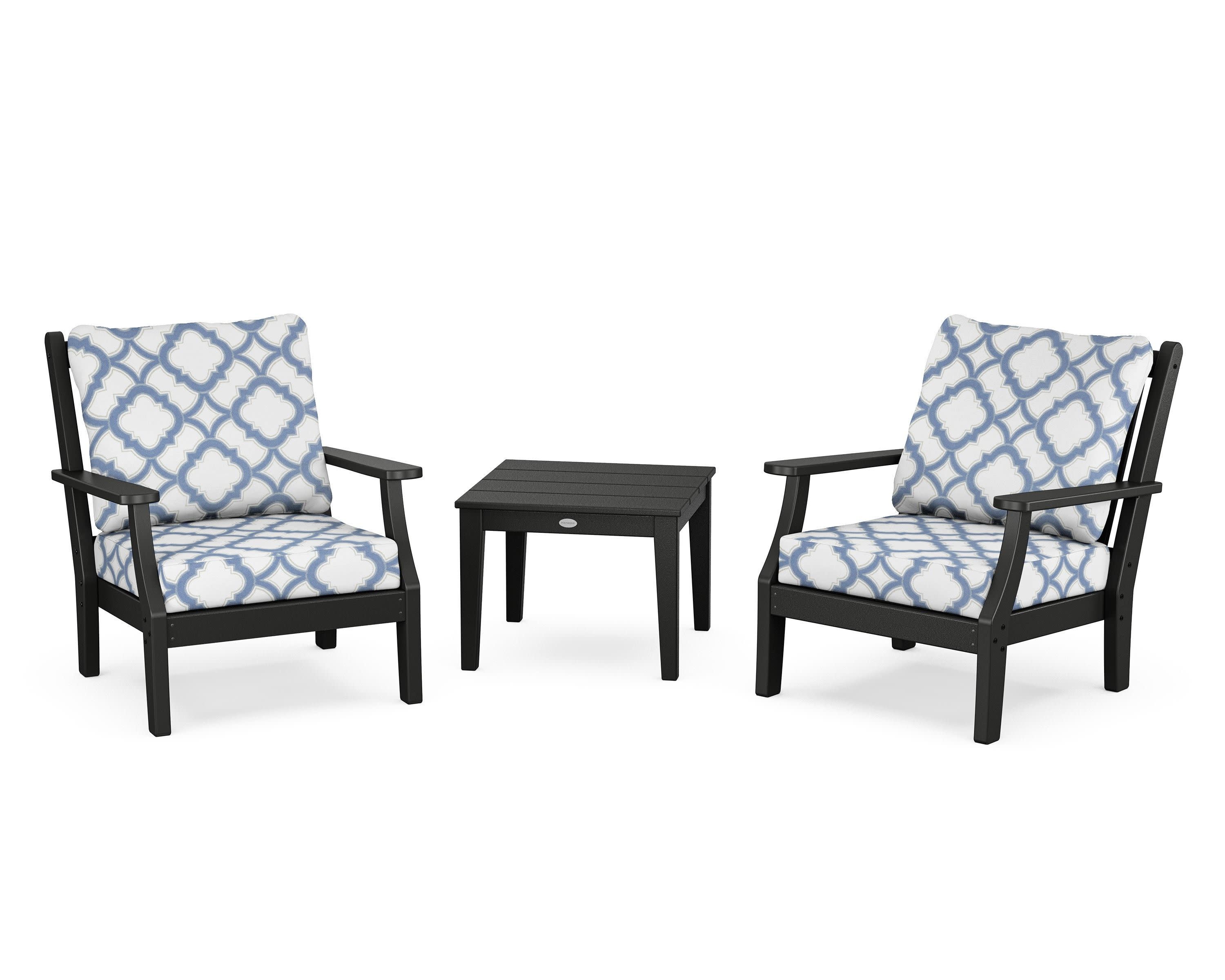 Wovendale 3-Piece Deep Seating Set in Black / Trellis Sky Blue