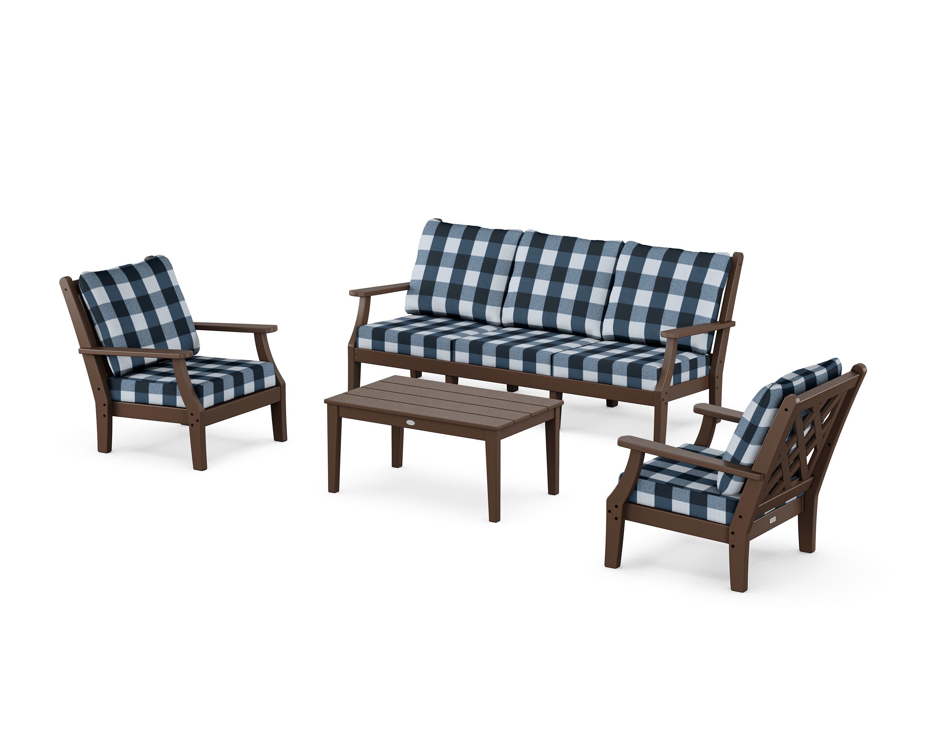 Wovendale 4-Piece Deep Seating Set with Sofa in Mahogany / Buffalo Plaid Marine Indigo