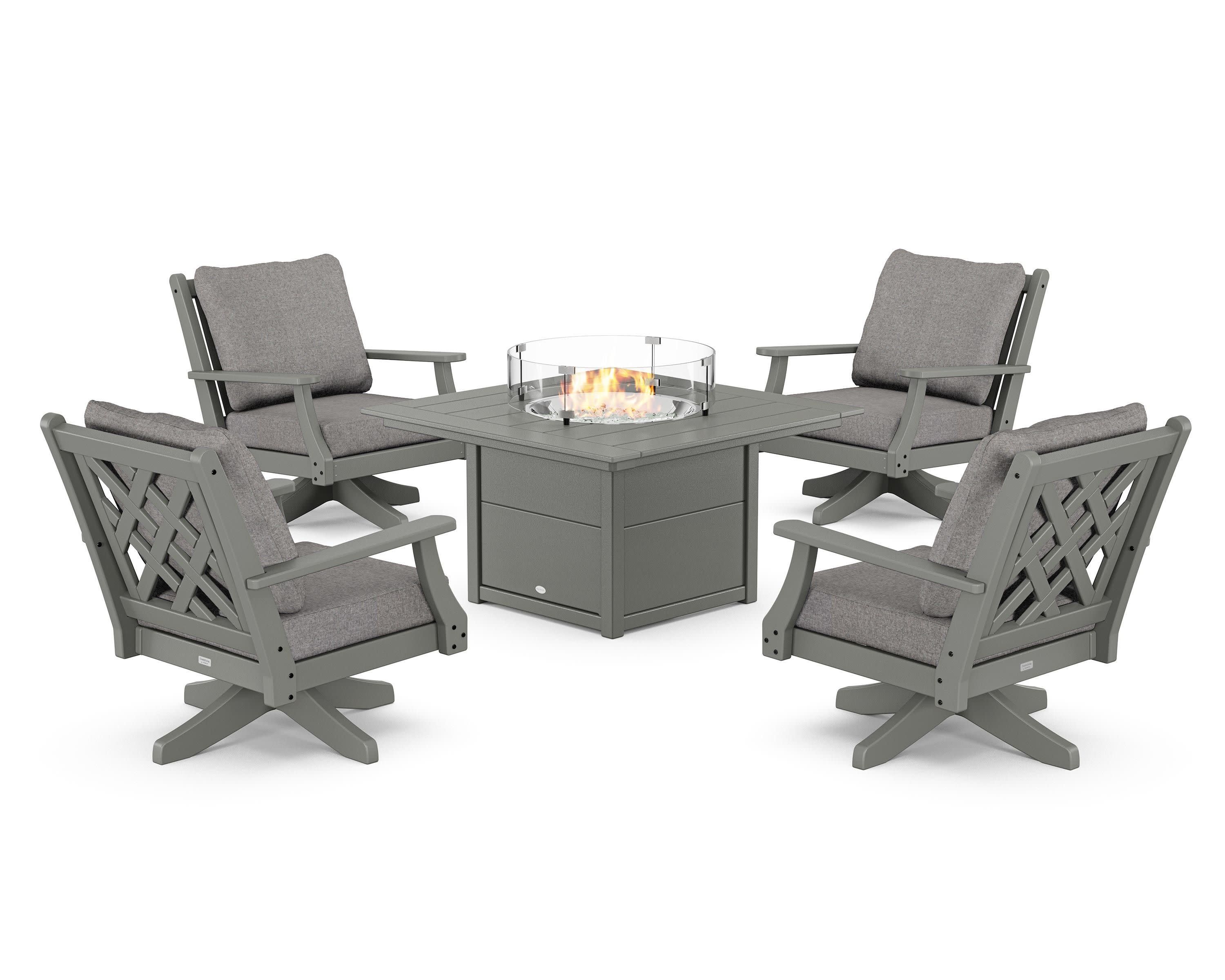 Wovendale 5-Piece Deep Seating Swivel Conversation Set with Fire Pit Table in Slate Grey / Grey Mist