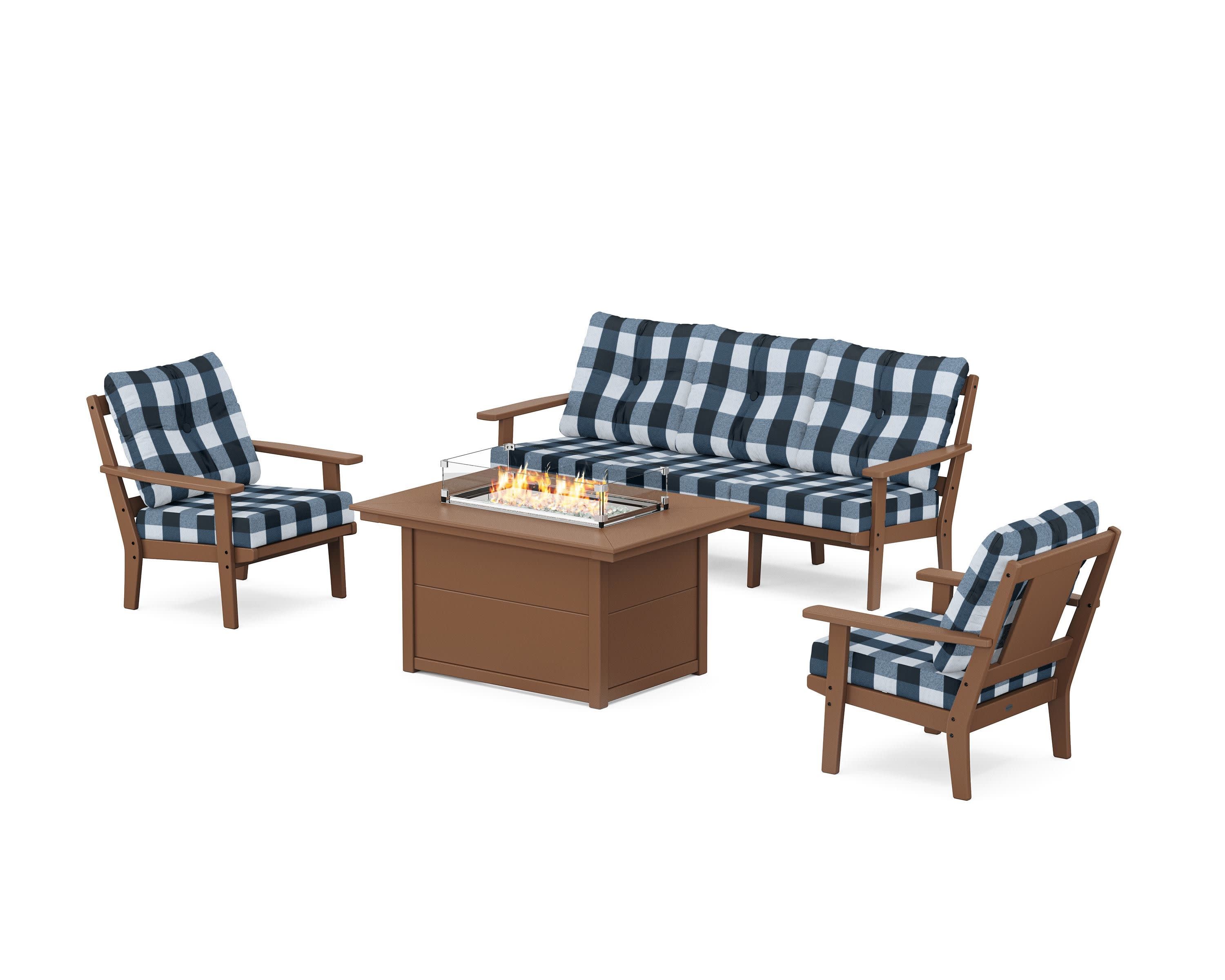 Prairie Deep Seating Fire Pit Table Set in Teak / Buffalo Plaid Marine Indigo