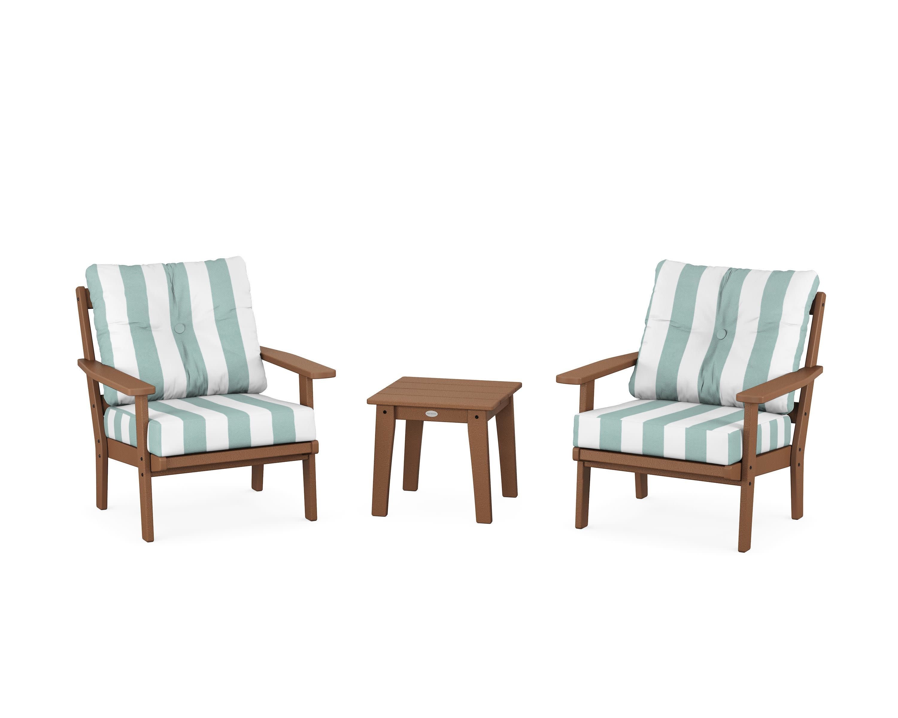 Prairie 3-Piece Deep Seating Set in Teak / Cabana Stripe Glacier Spa