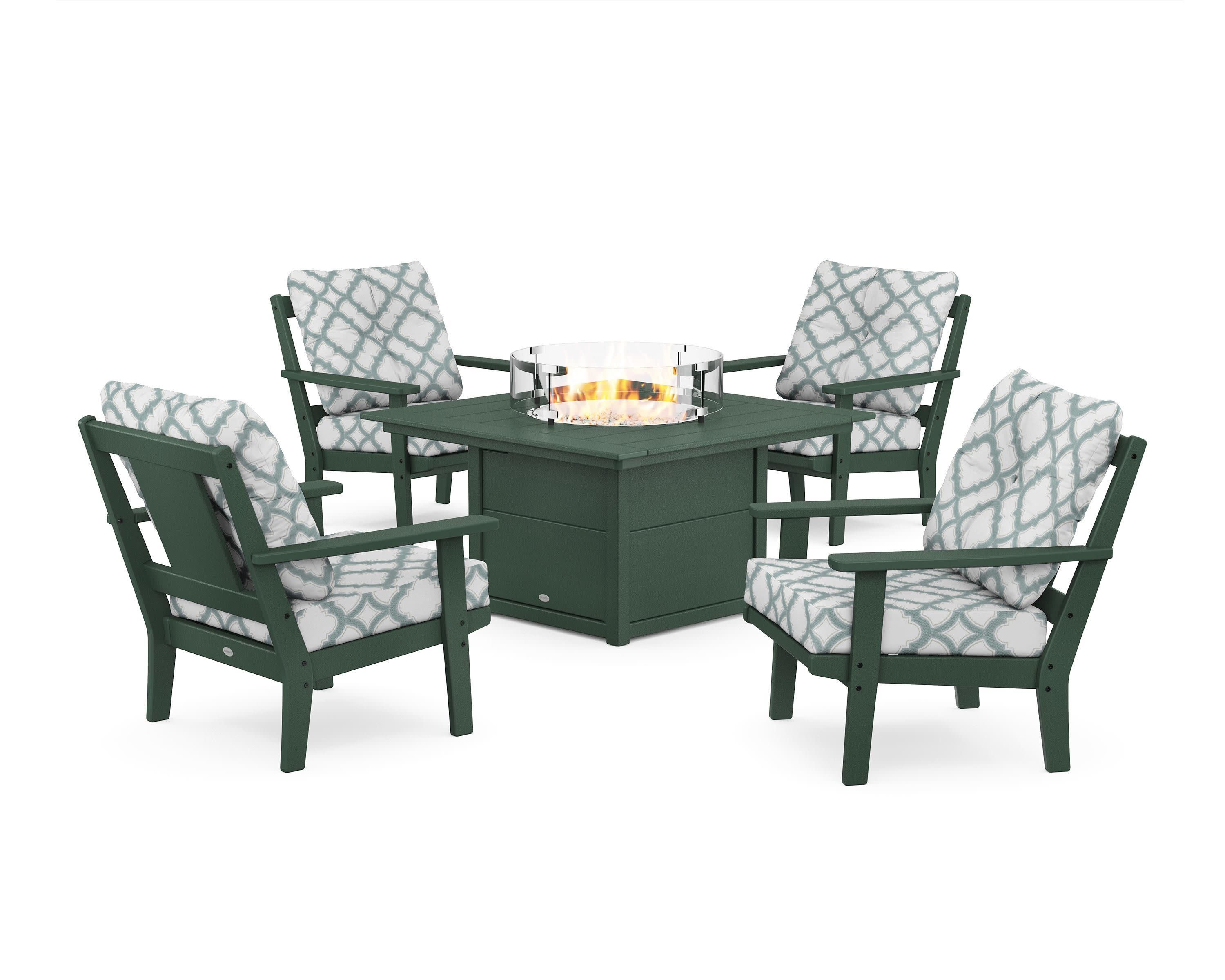 Prairie 5-Piece Deep Seating Set with Fire Pit Table in Green / Trellis Glacier Spa
