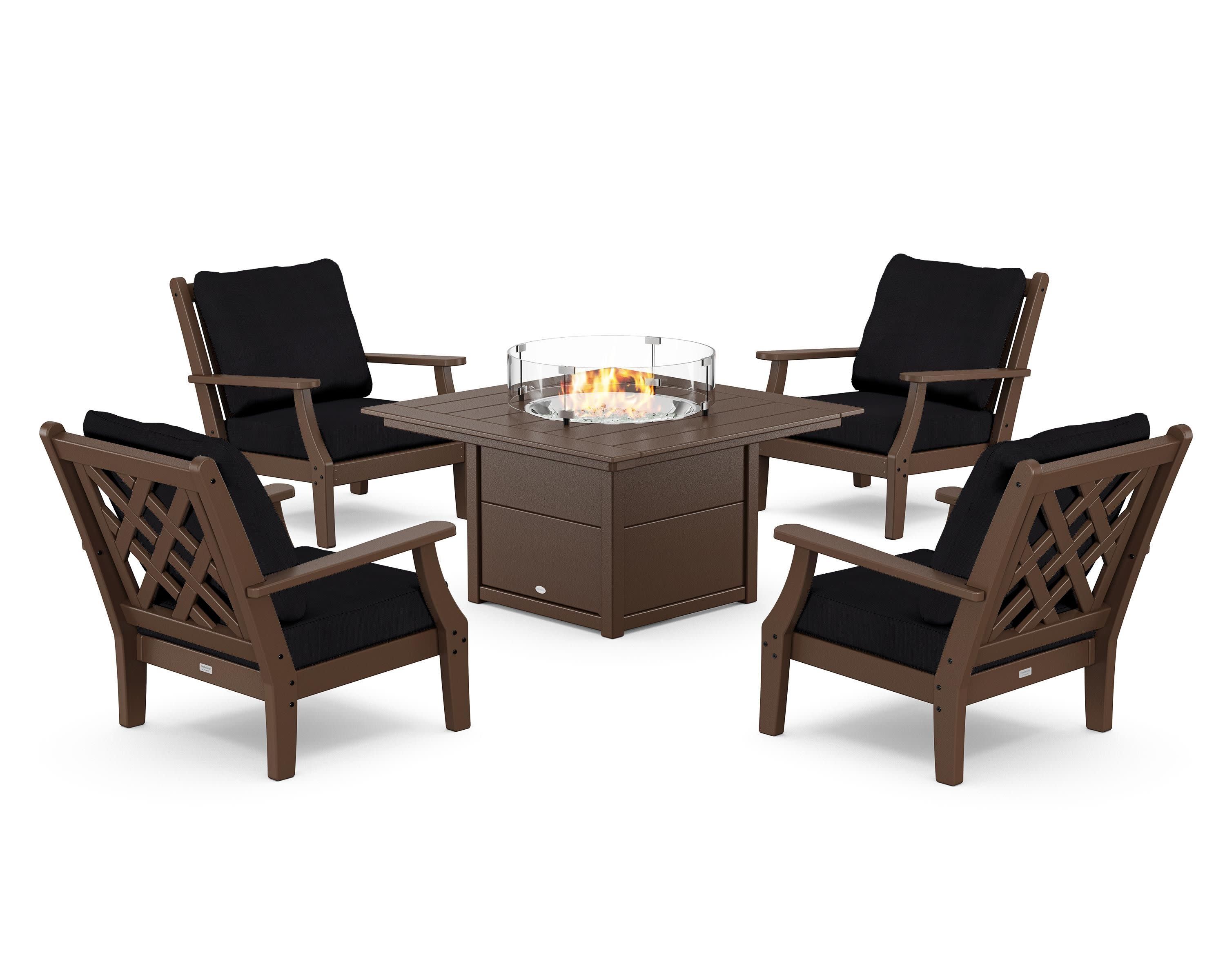 Wovendale 5-Piece Deep Seating Set with Fire Pit Table in Mahogany / Midnight Linen
