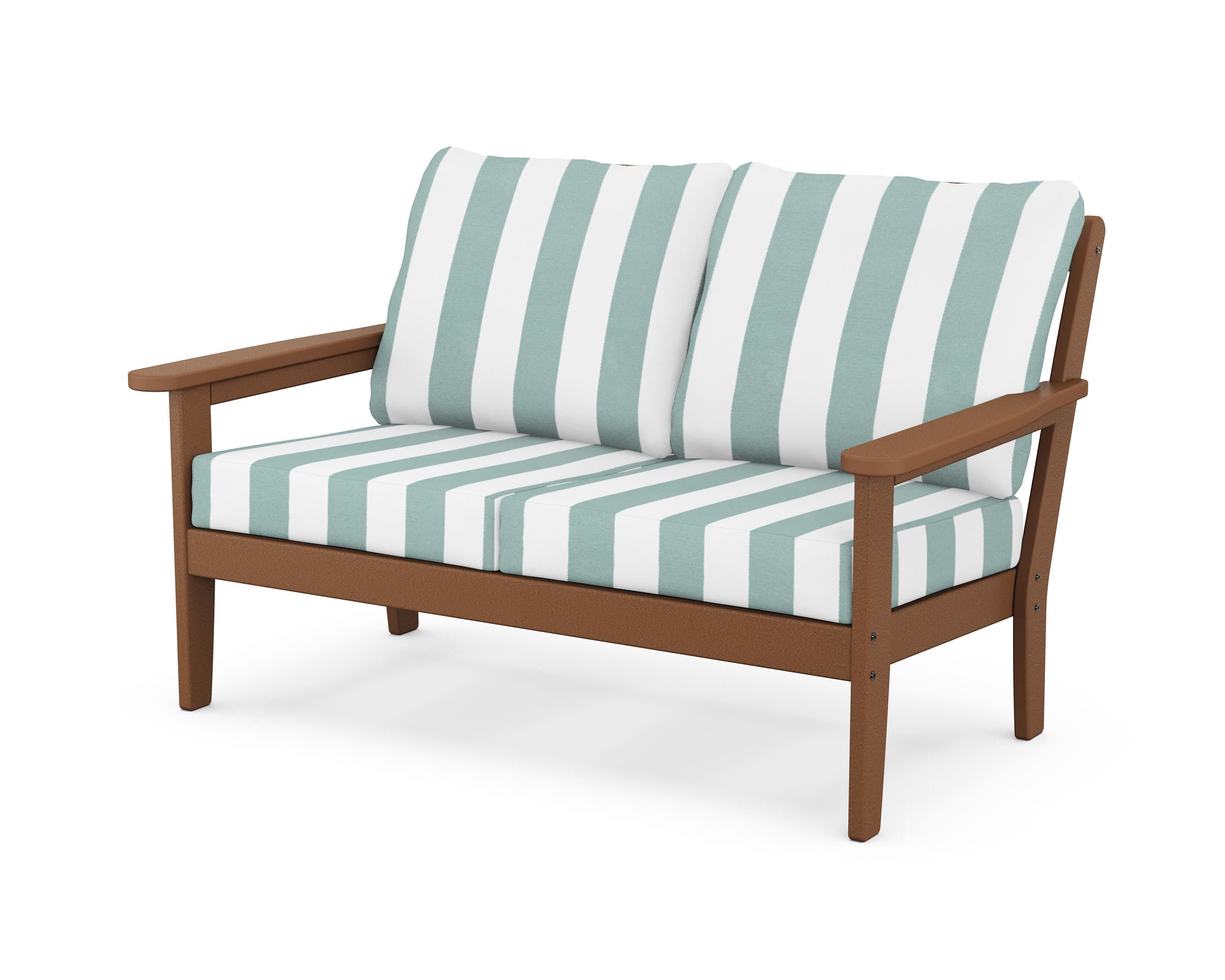Cottage Deep Seating Loveseat in Teak / Cabana Stripe Glacier Spa