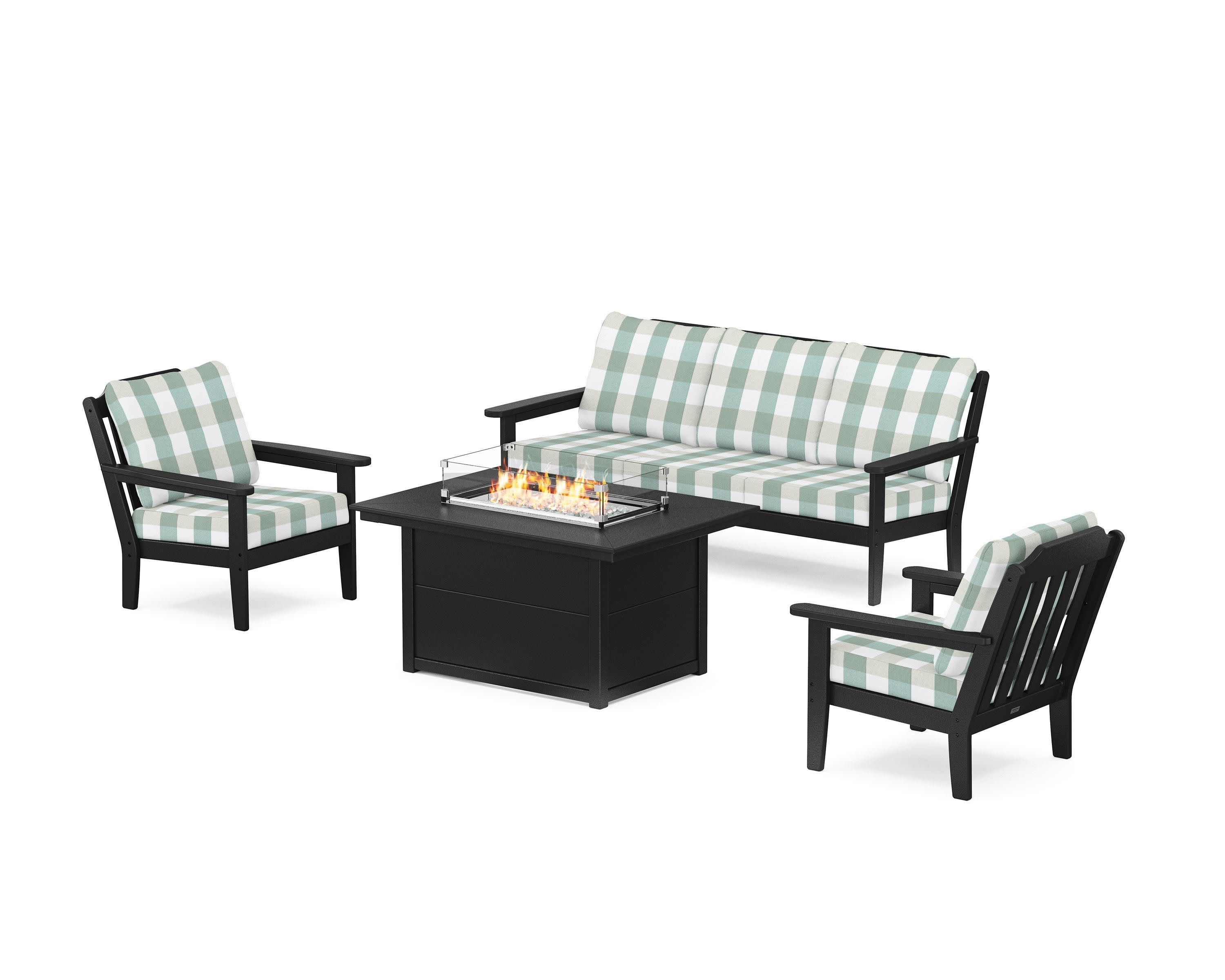 Cottage Deep Seating Fire Pit Table Set in Black / Buffalo Plaid Glacier Spa