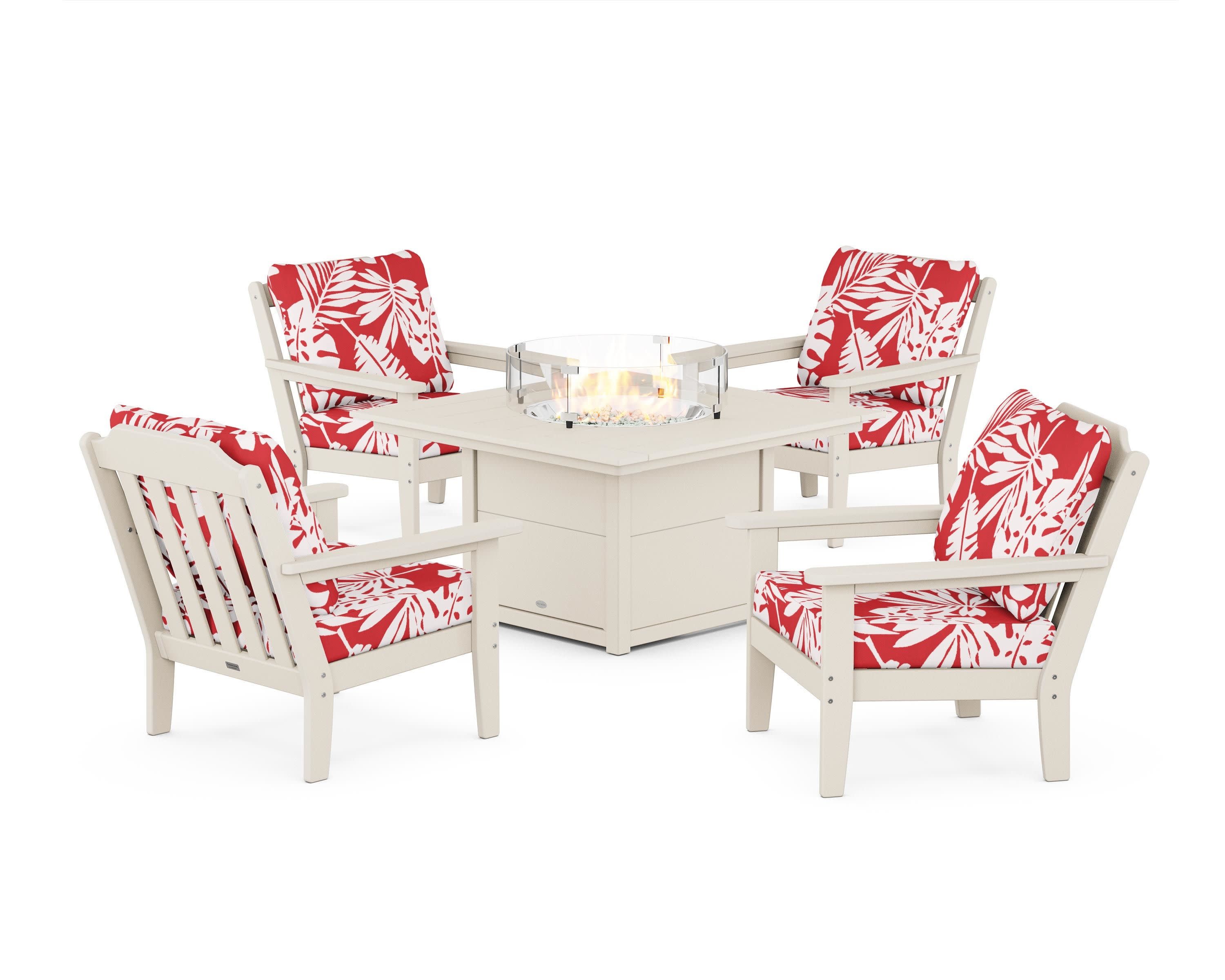 Cottage 5-Piece Deep Seating Set with Fire Pit Table in Sand / Leaf Crimson