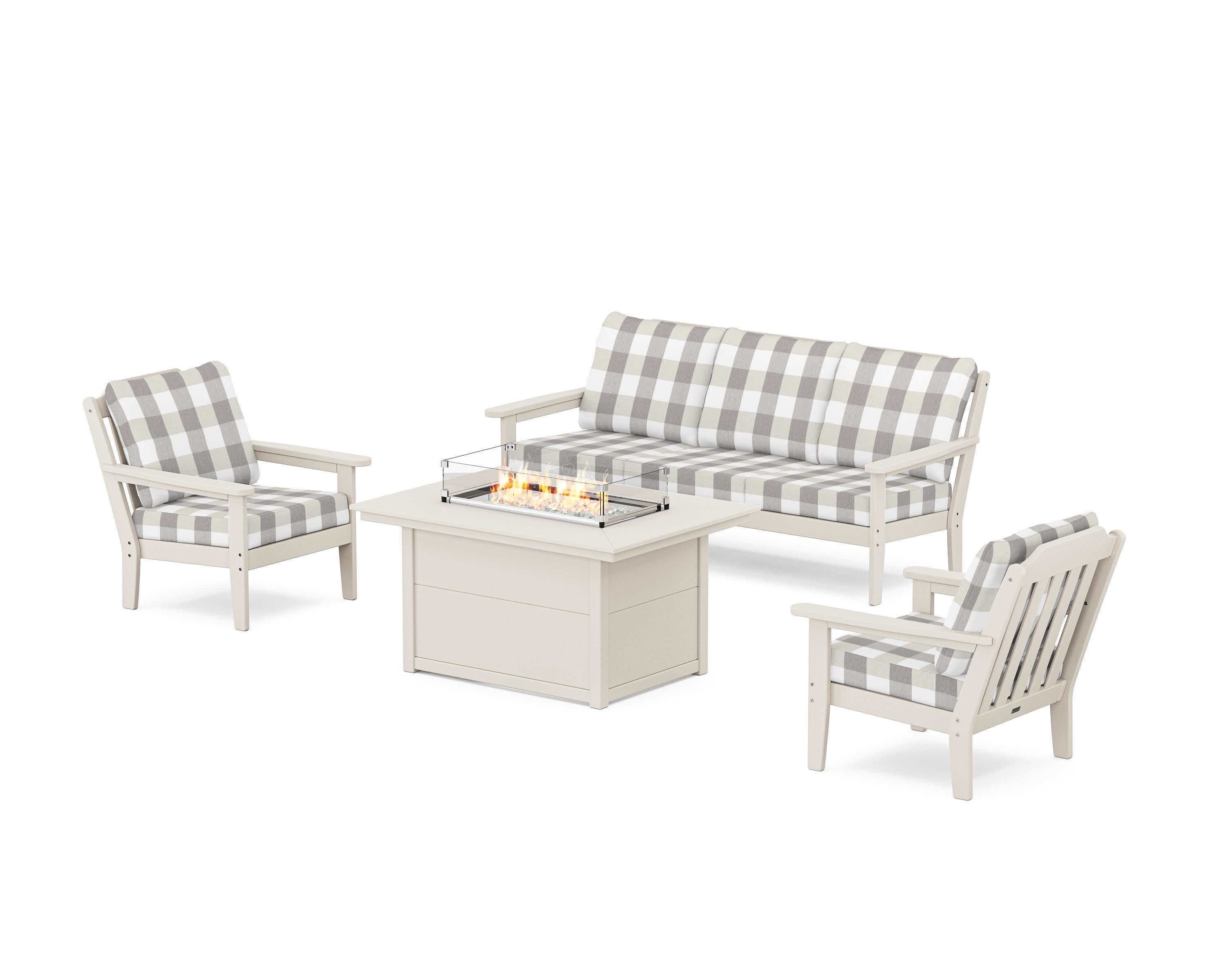 Cottage Deep Seating Fire Pit Table Set in Sand / Buffalo Plaid Grey Mist