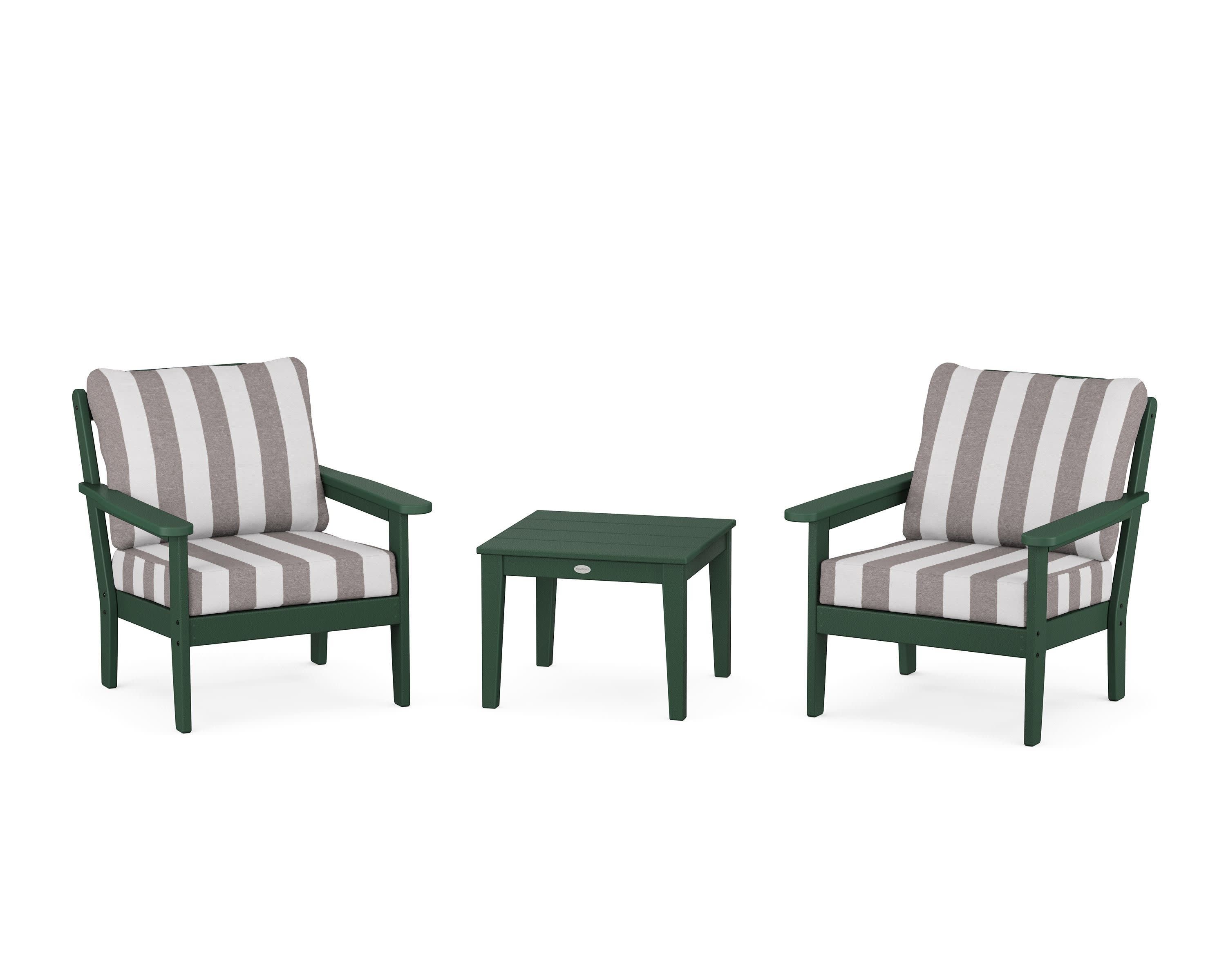 Cottage 3-Piece Deep Seating Set in Green / Cabana Stripe Grey Mist