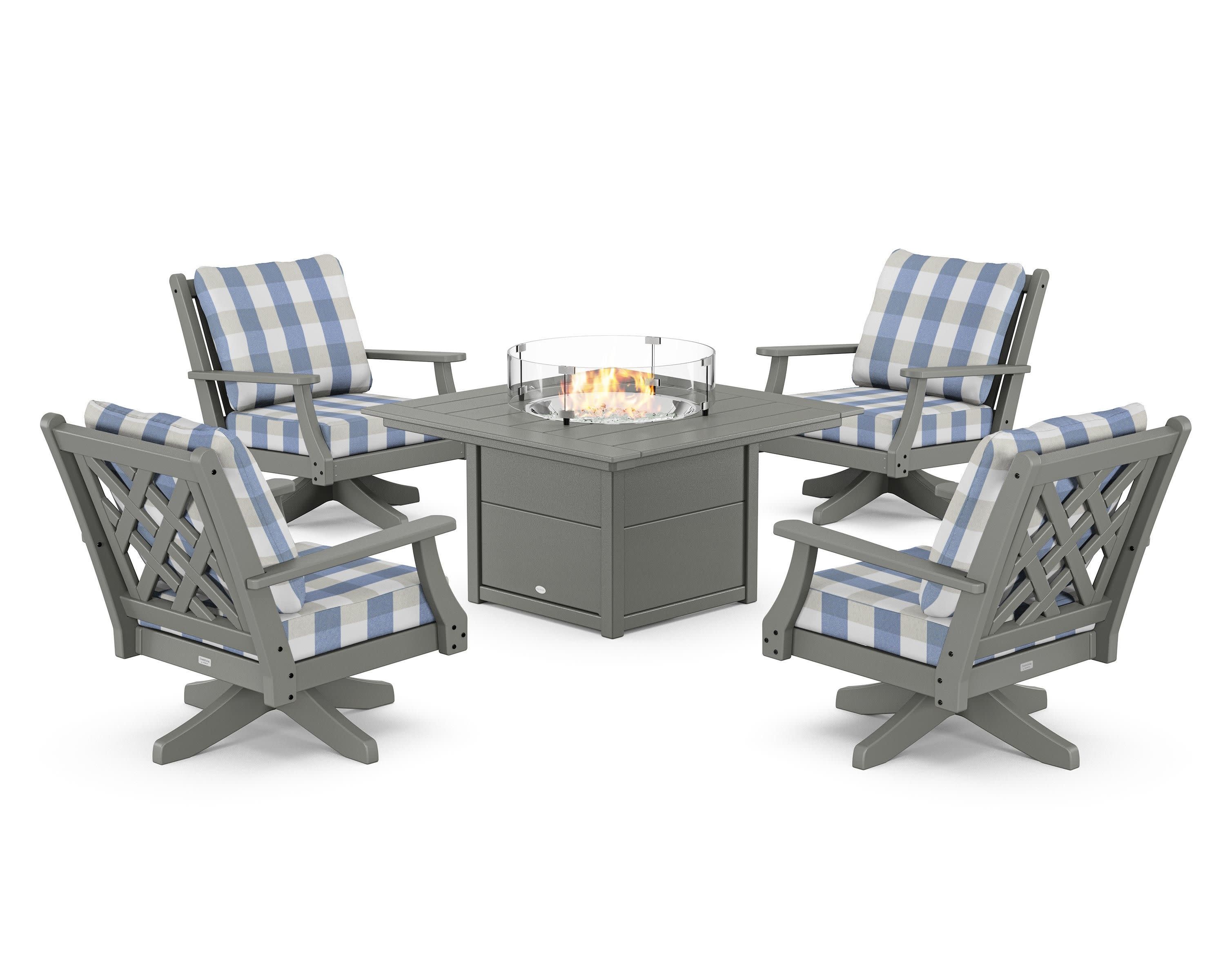 Wovendale 5-Piece Deep Seating Swivel Conversation Set with Fire Pit Table in Slate Grey / Buffalo Plaid Sky Blue