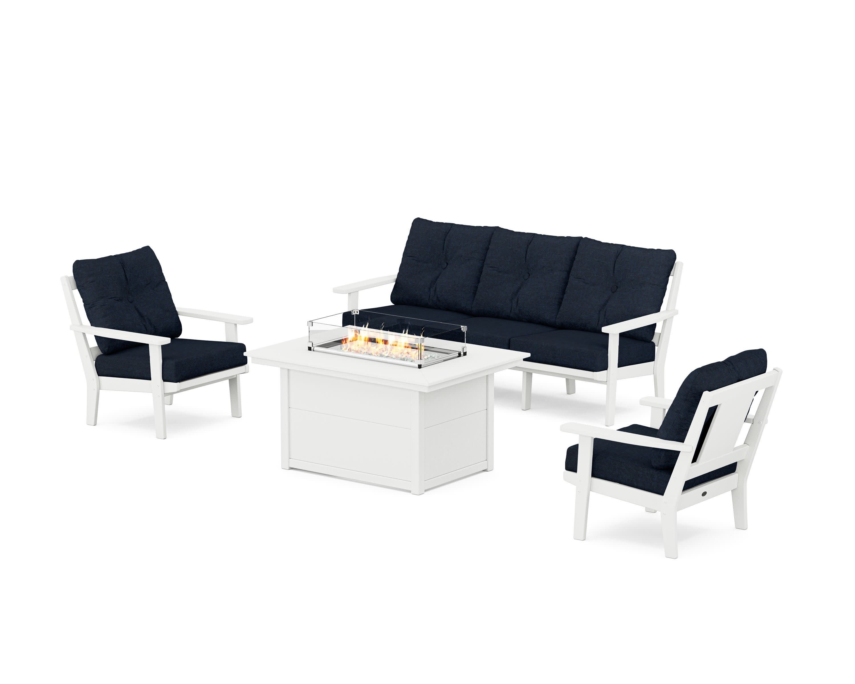 Prairie Deep Seating Fire Pit Table Set in White / Marine Indigo