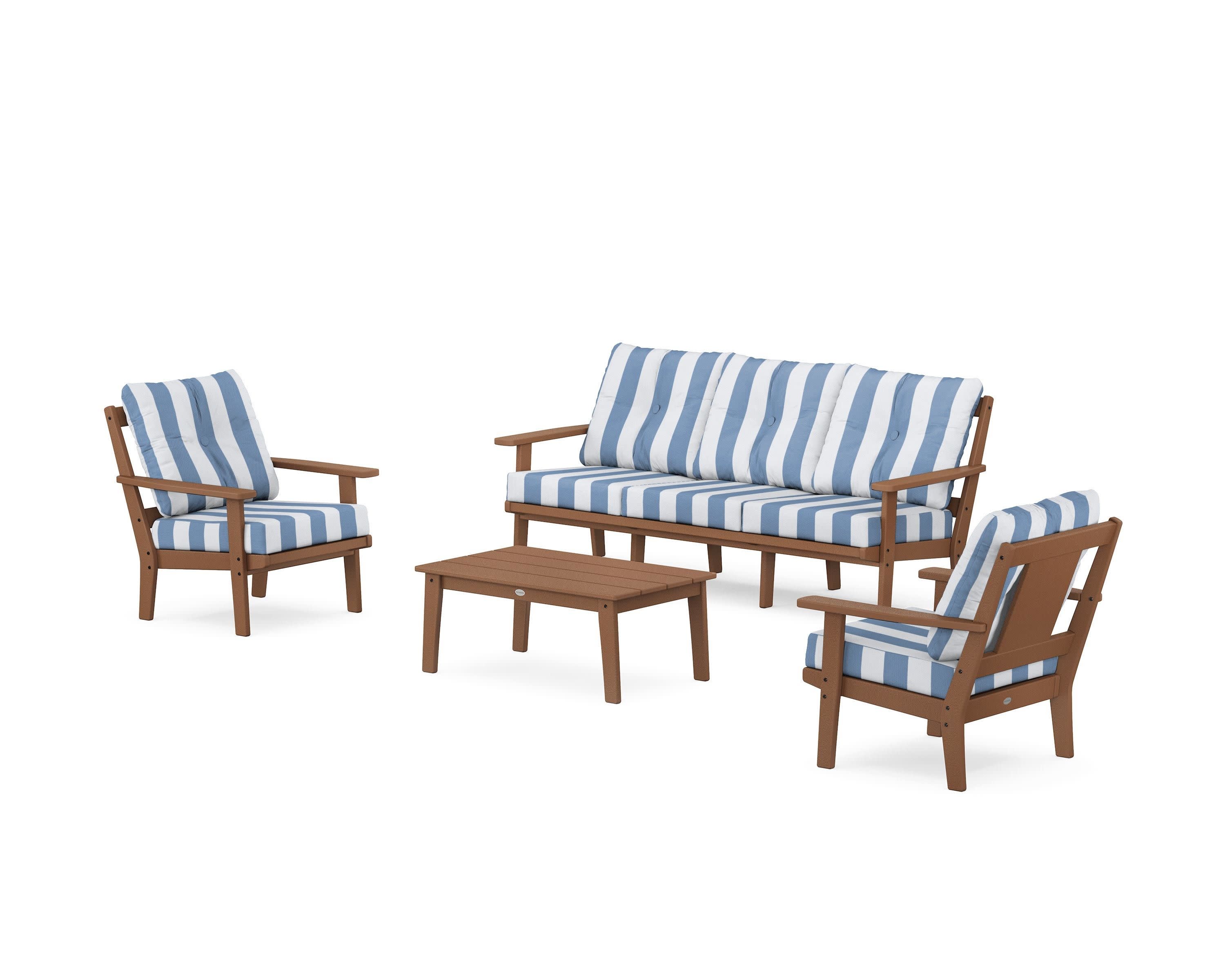 Prairie 4-Piece Deep Seating Set with Sofa in Teak / Cabana Stripe Sky Blue