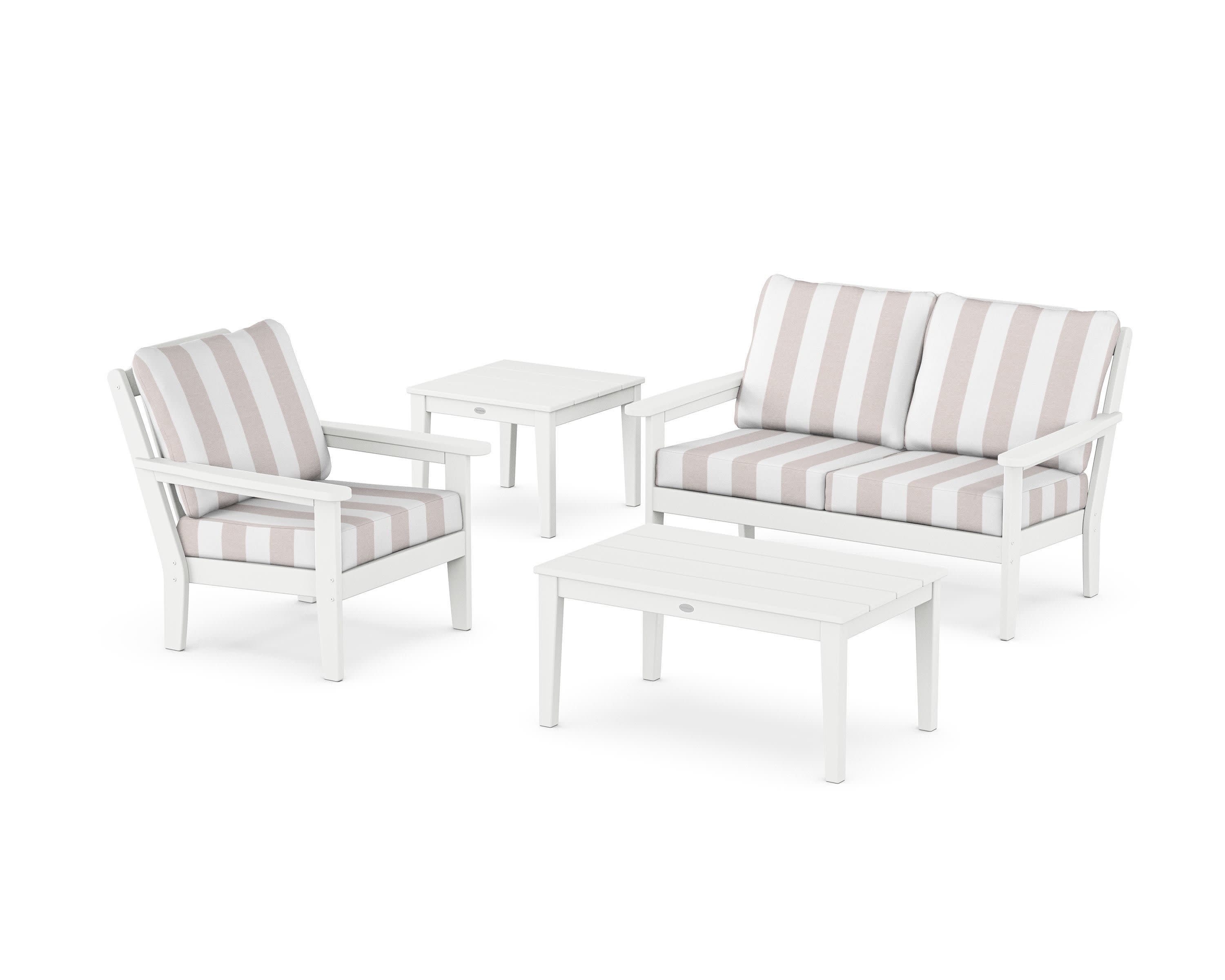 Wovendale 4-Piece Deep Seating Set in White / Cabana Stripe Dune Burlap