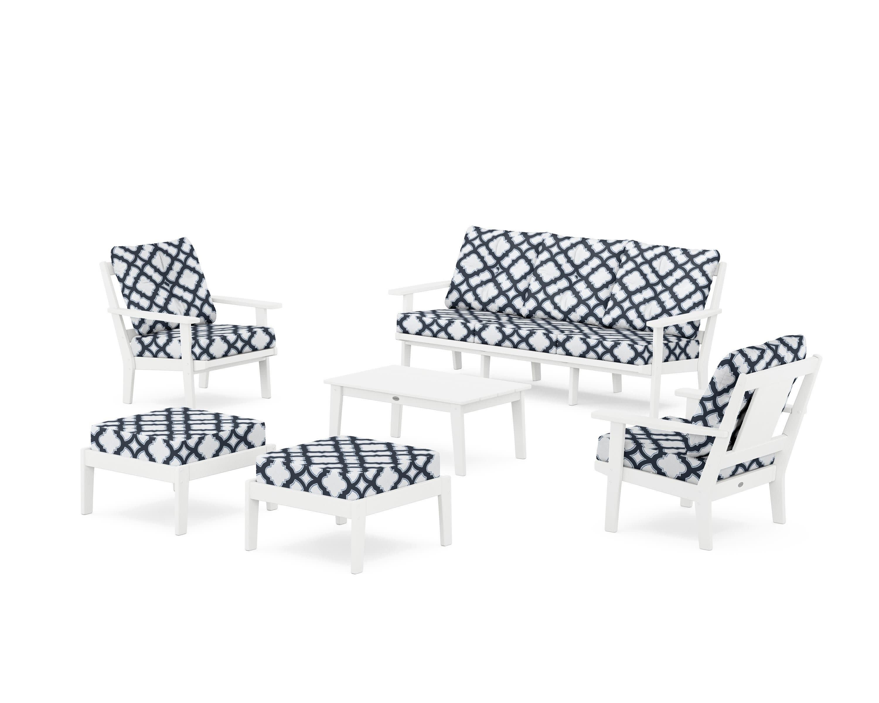 Prairie 6-Piece Lounge Sofa Set in White / Trellis Marine Indigo