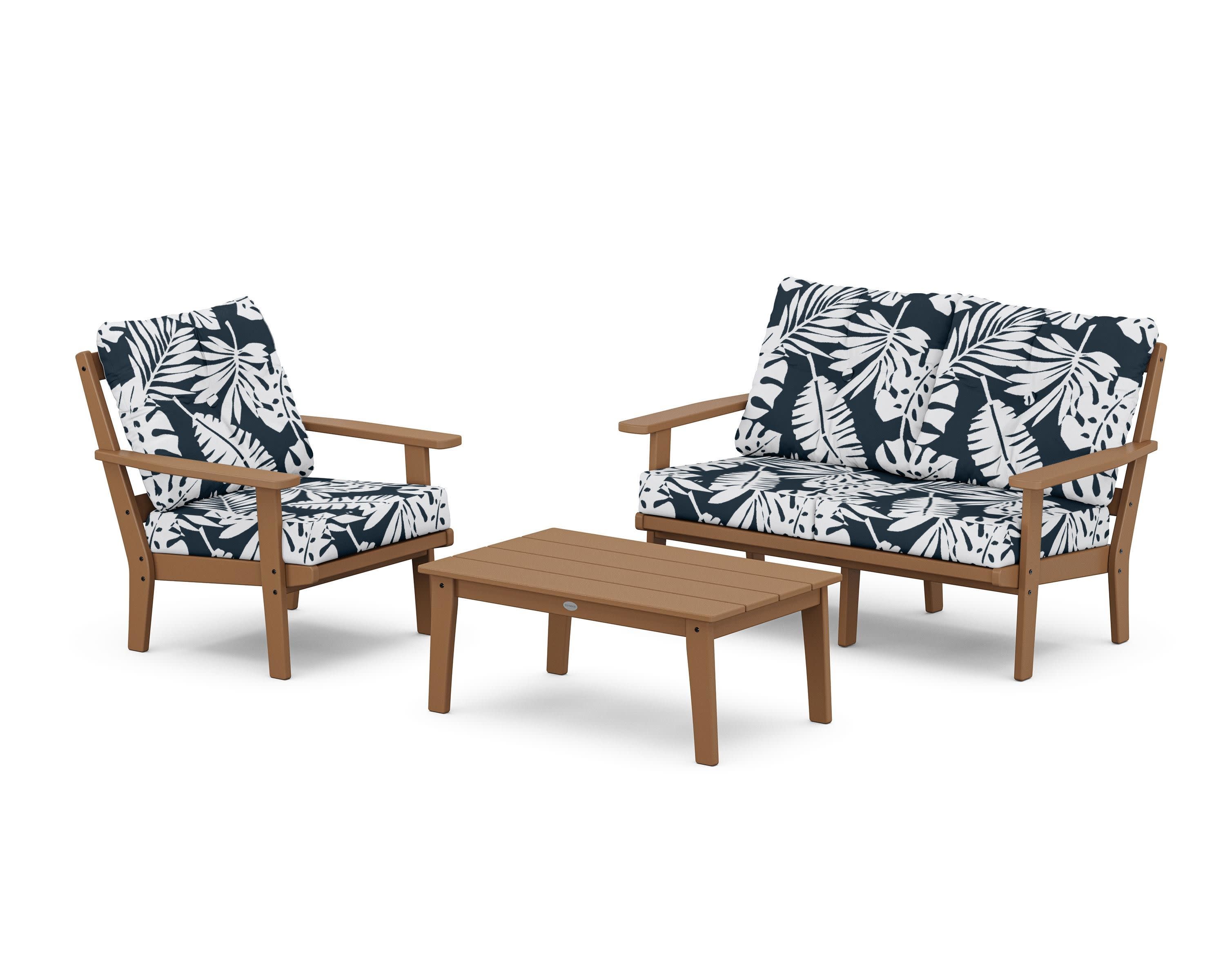 Prairie 3-Piece Deep Seating Set with Loveseat in Teak / Leaf Marine Indigo