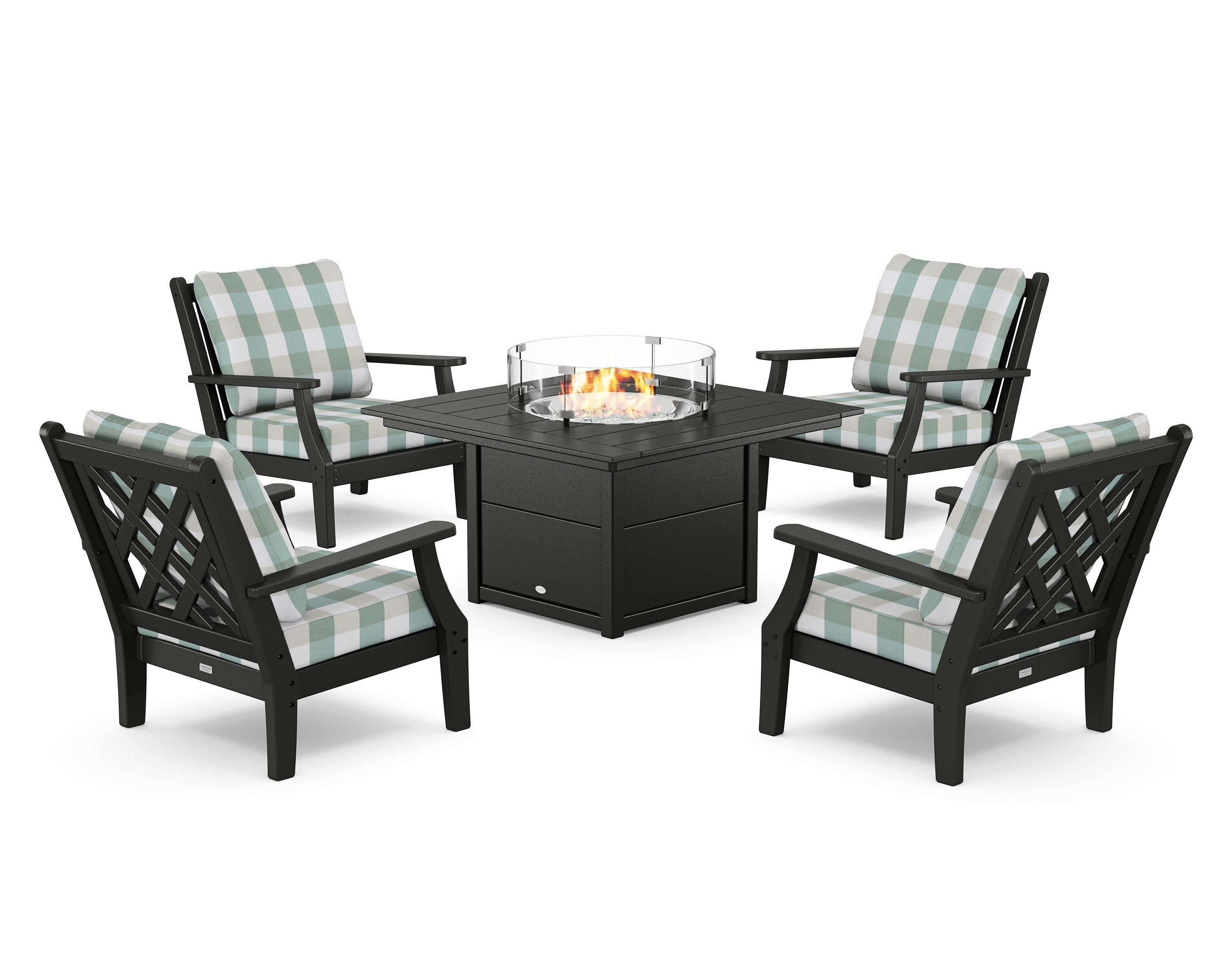 Wovendale 5-Piece Deep Seating Set with Fire Pit Table in Black / Buffalo Plaid Glacier Spa