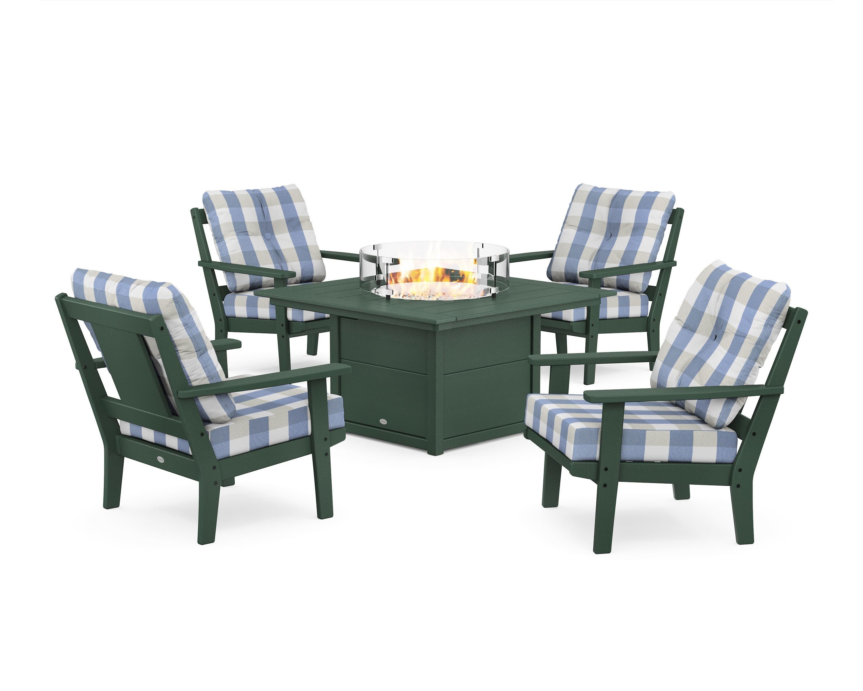 Prairie 5-Piece Deep Seating Set with Fire Pit Table in Green / Buffalo Plaid Sky Blue