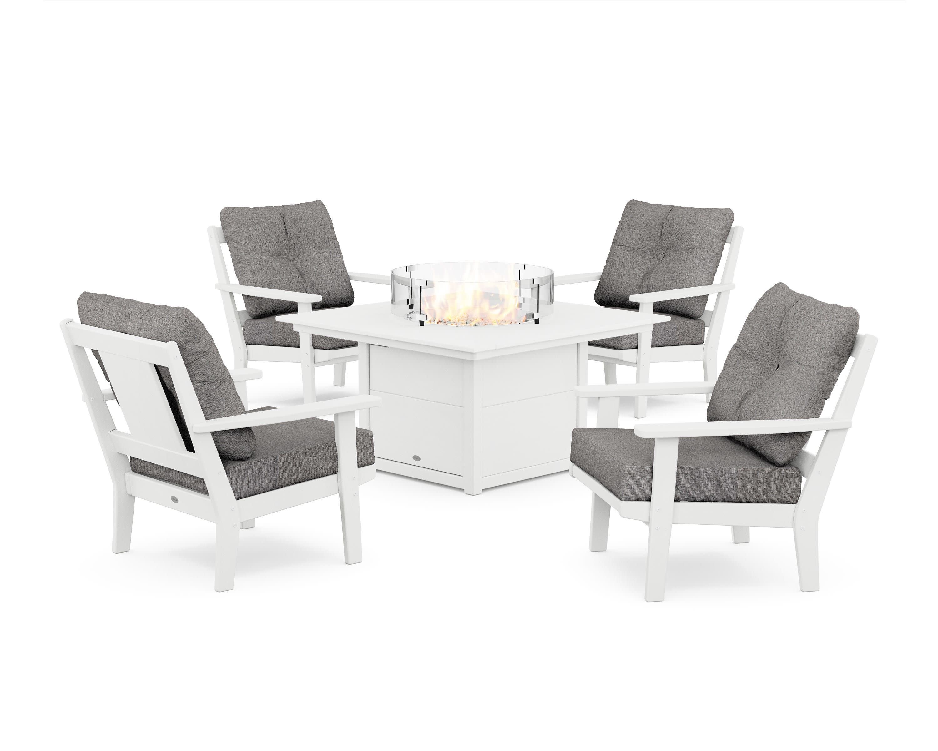 Prairie 5-Piece Deep Seating Set with Fire Pit Table in White / Grey Mist