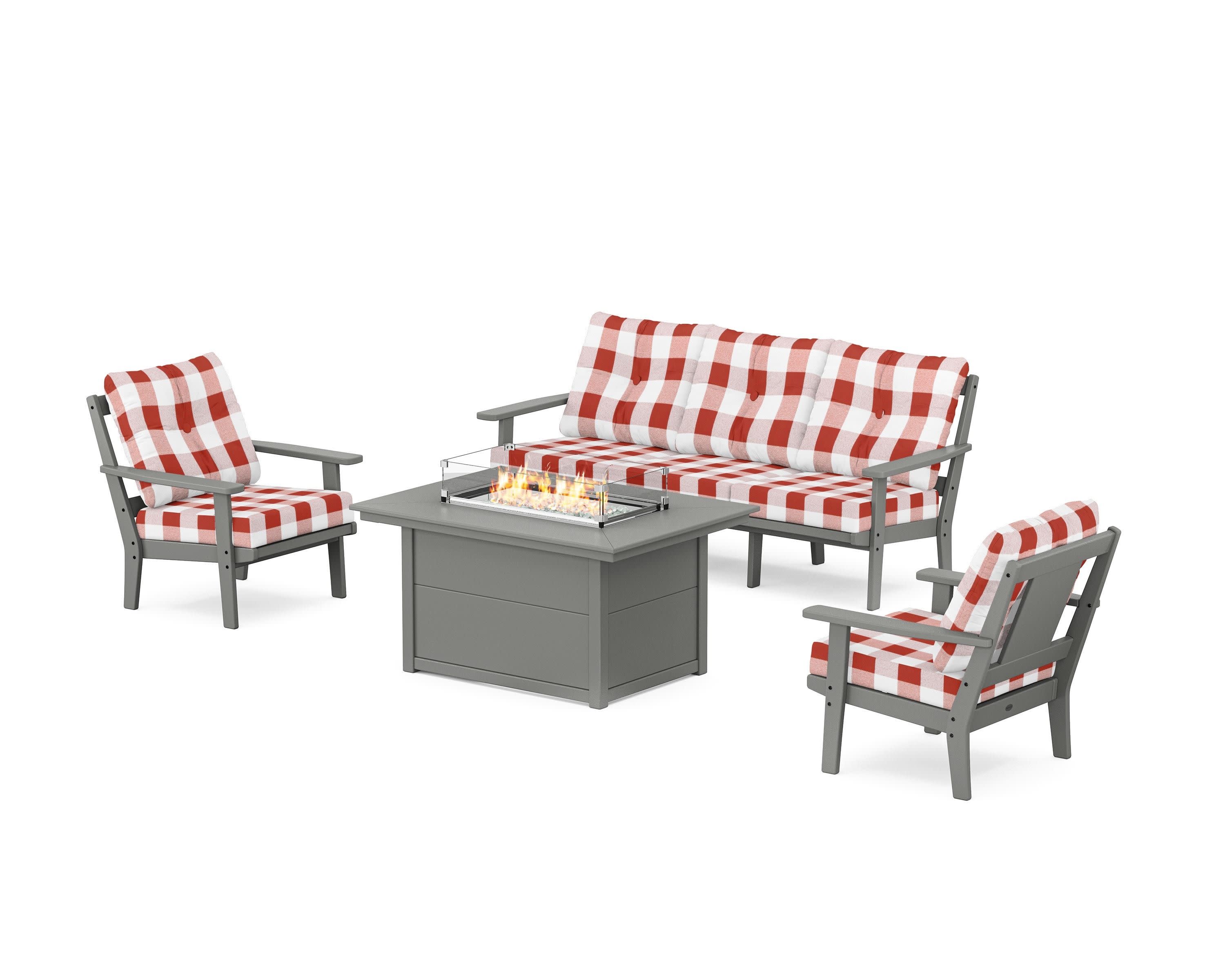 Prairie Deep Seating Fire Pit Table Set in Slate Grey / Buffalo Plaid Crimson