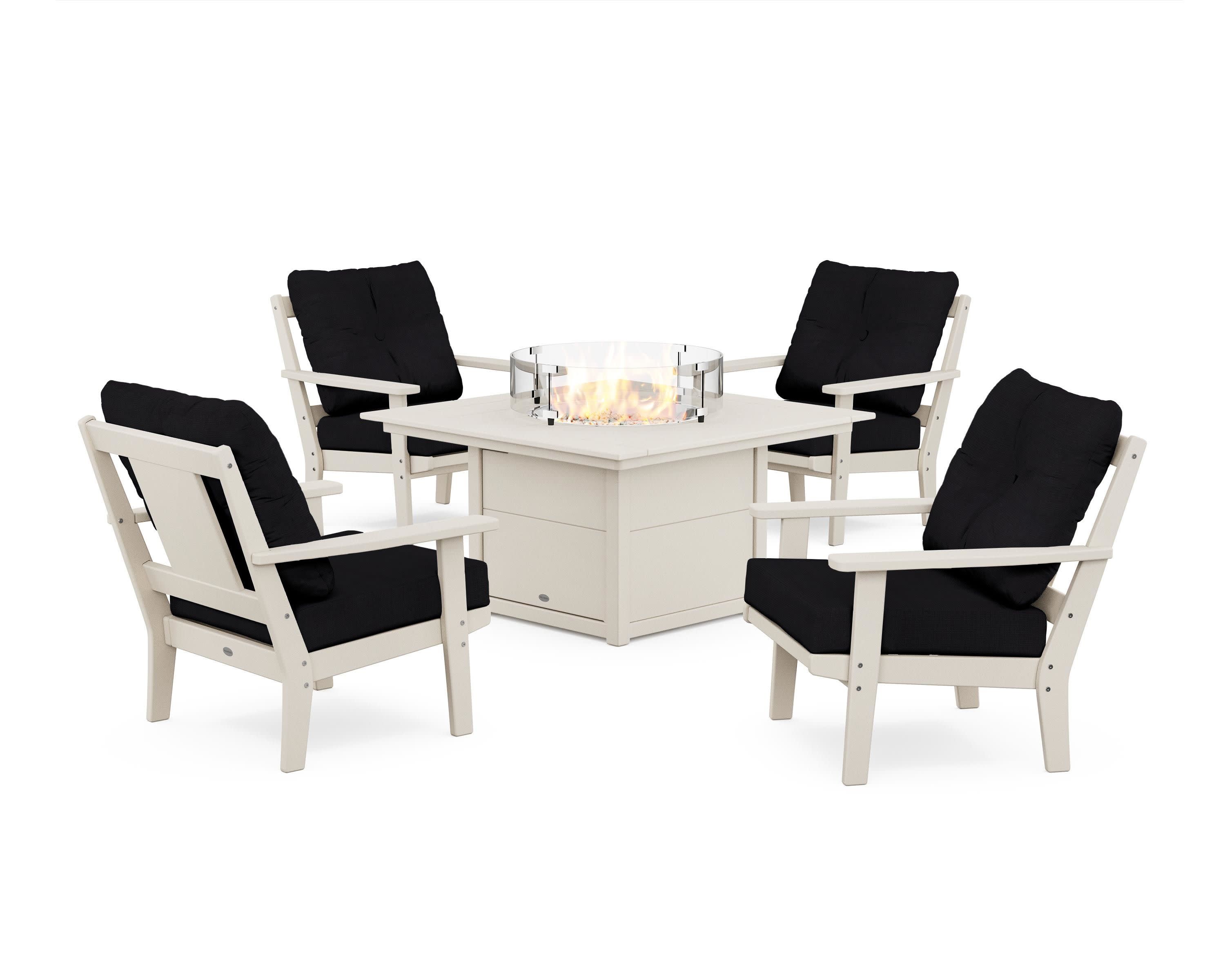 Prairie 5-Piece Deep Seating Set with Fire Pit Table in Sand / Midnight Linen