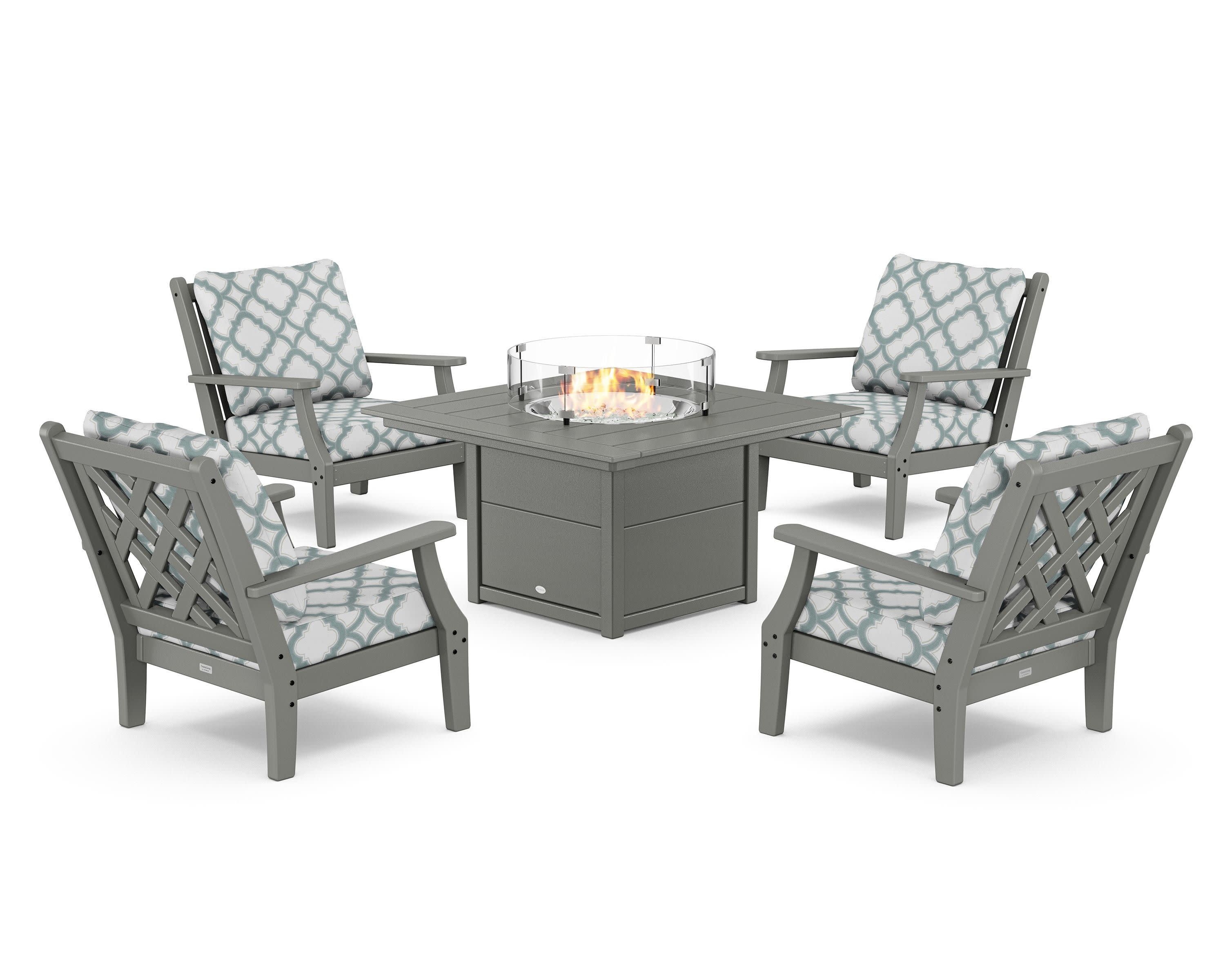 Wovendale 5-Piece Deep Seating Set with Fire Pit Table in Slate Grey / Trellis Glacier Spa