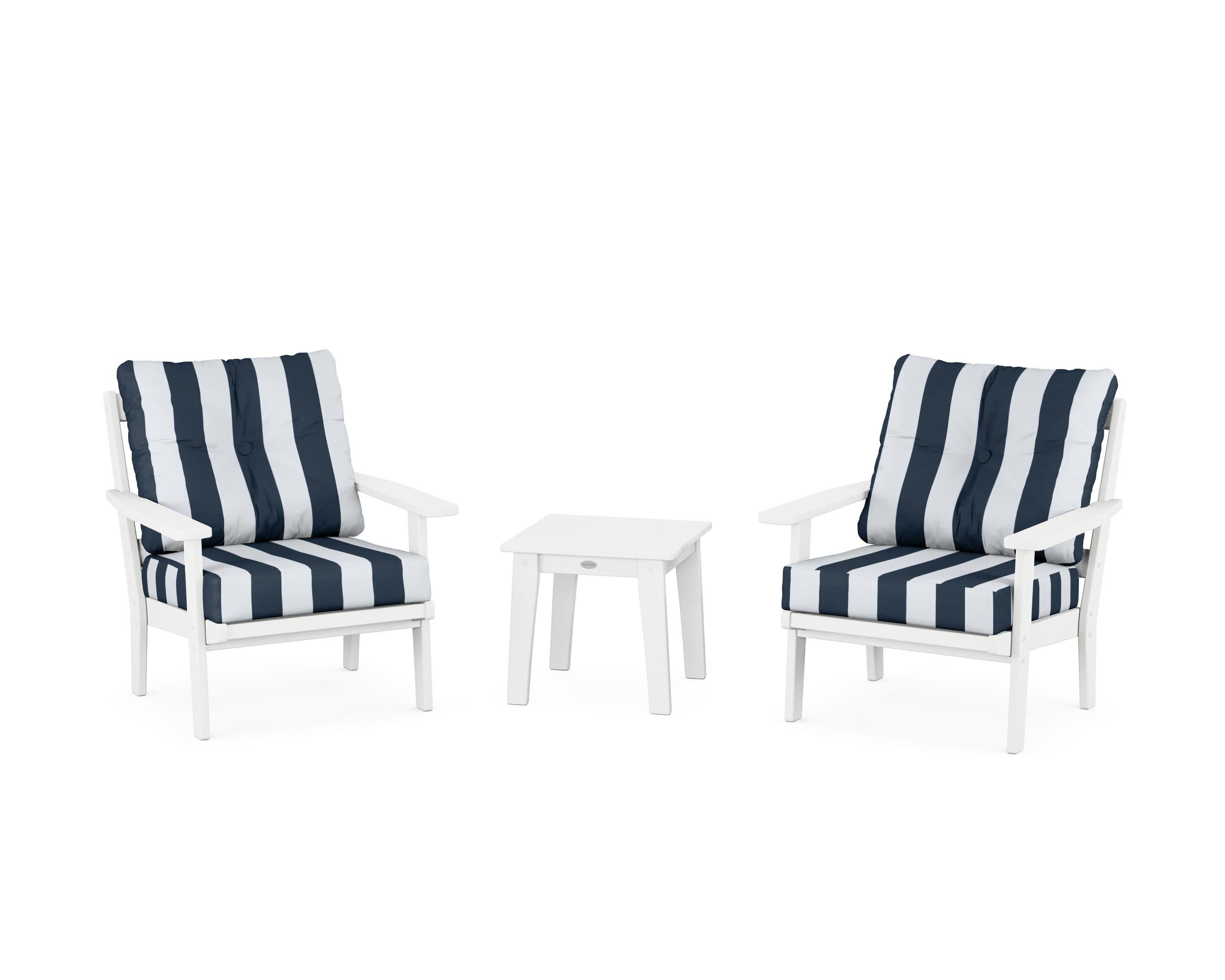 Prairie 3-Piece Deep Seating Set in White / Cabana Stripe Marine Indigo