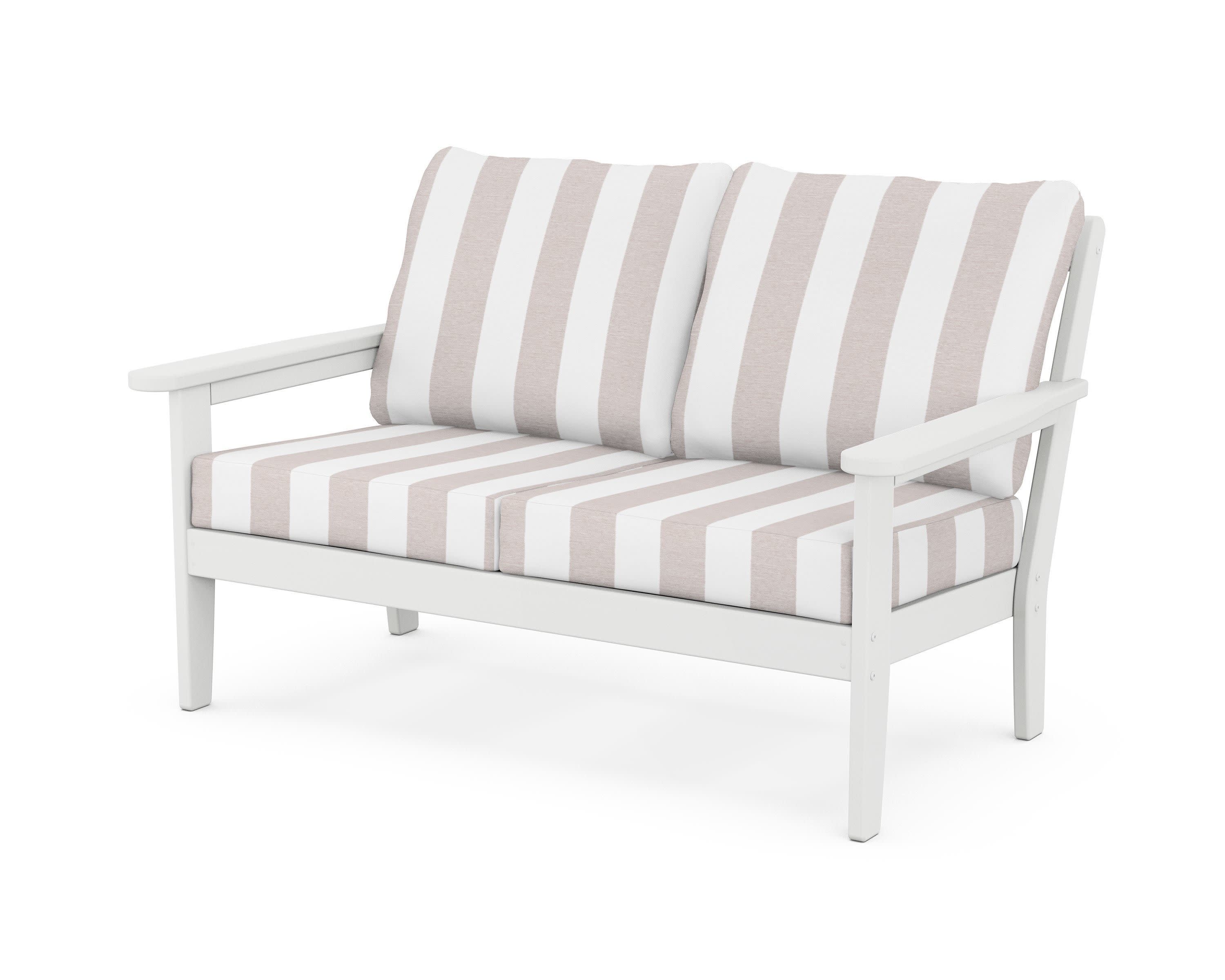 Cottage Deep Seating Loveseat in White / Cabana Stripe Dune Burlap