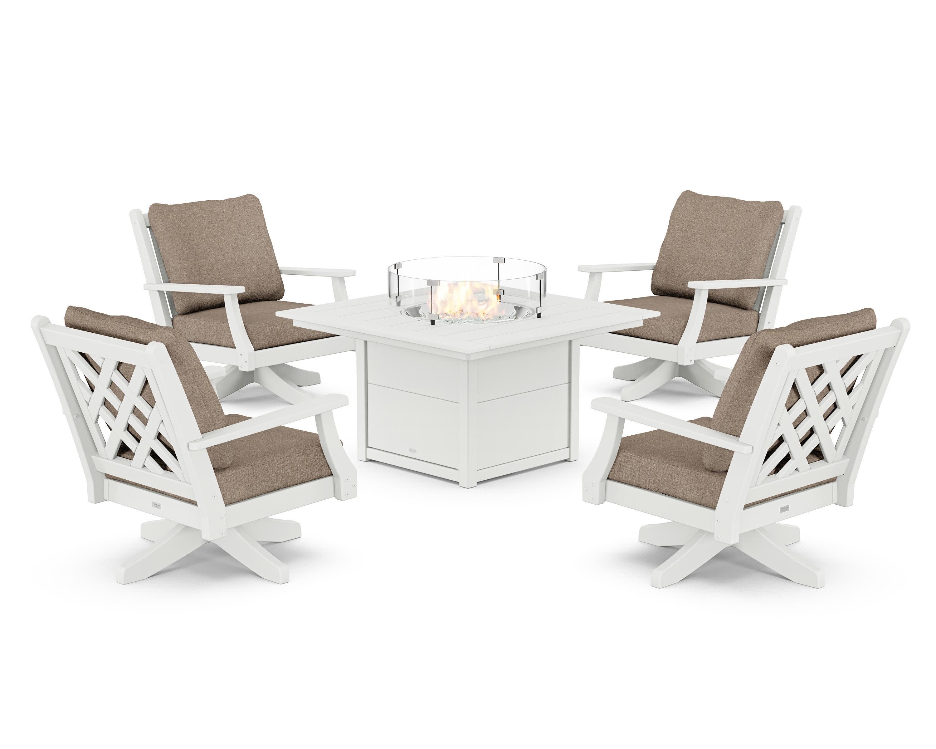 Wovendale 5-Piece Deep Seating Swivel Conversation Set with Fire Pit Table in White / Spiced Burlap