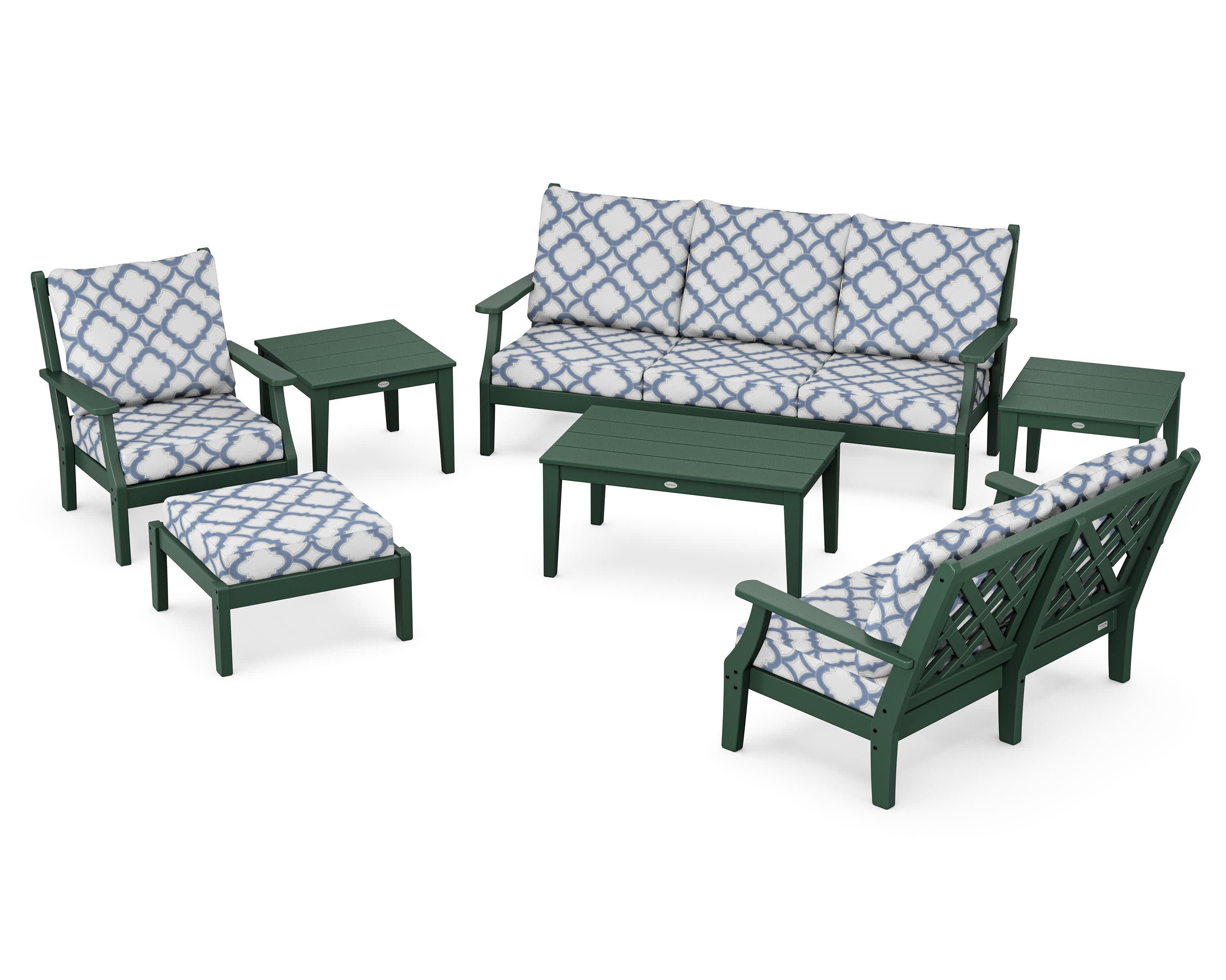 Wovendale 7-Piece Deep Seating Set in Green / Trellis Sky Blue