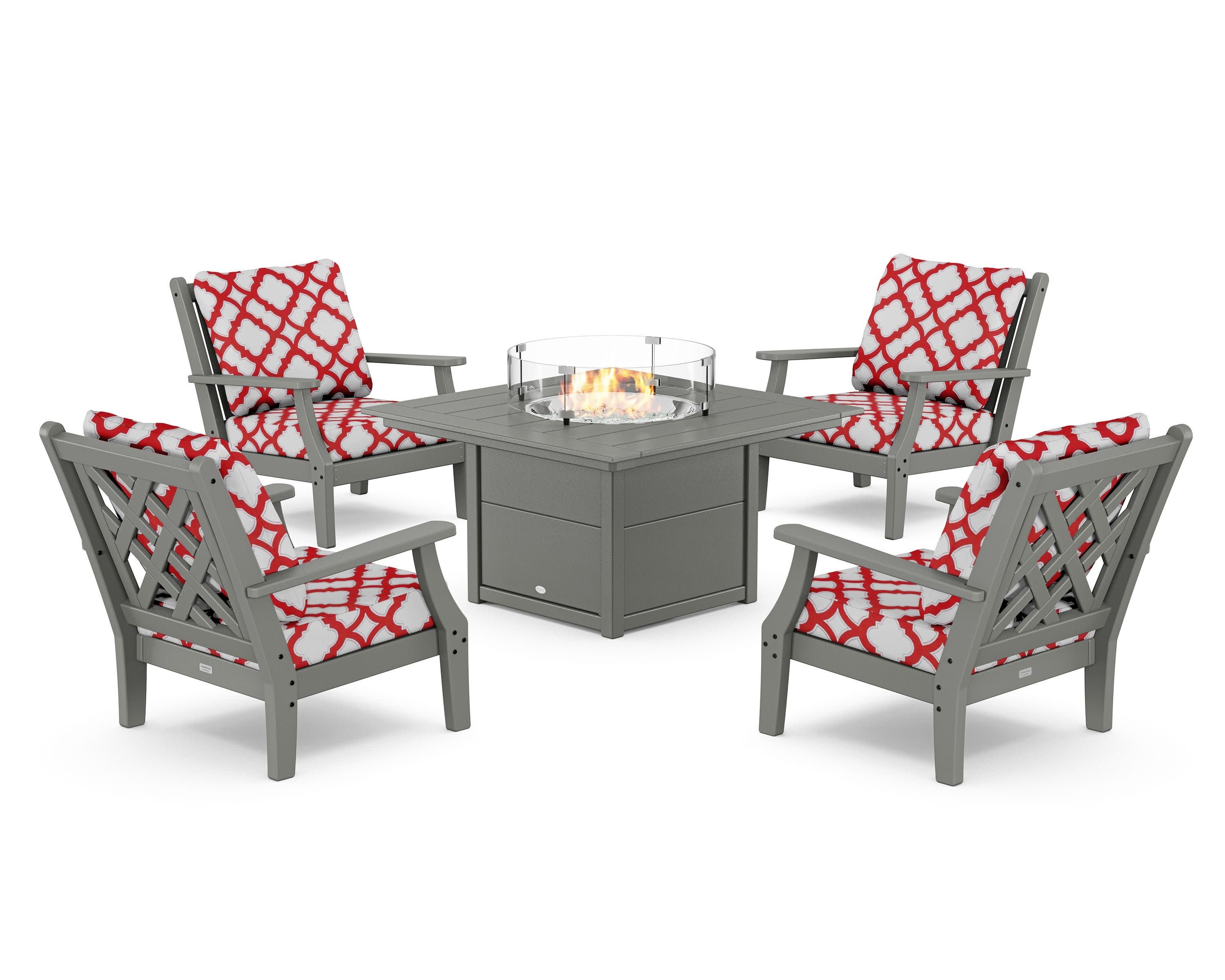 Wovendale 5-Piece Deep Seating Set with Fire Pit Table in Slate Grey / Trellis Crimson