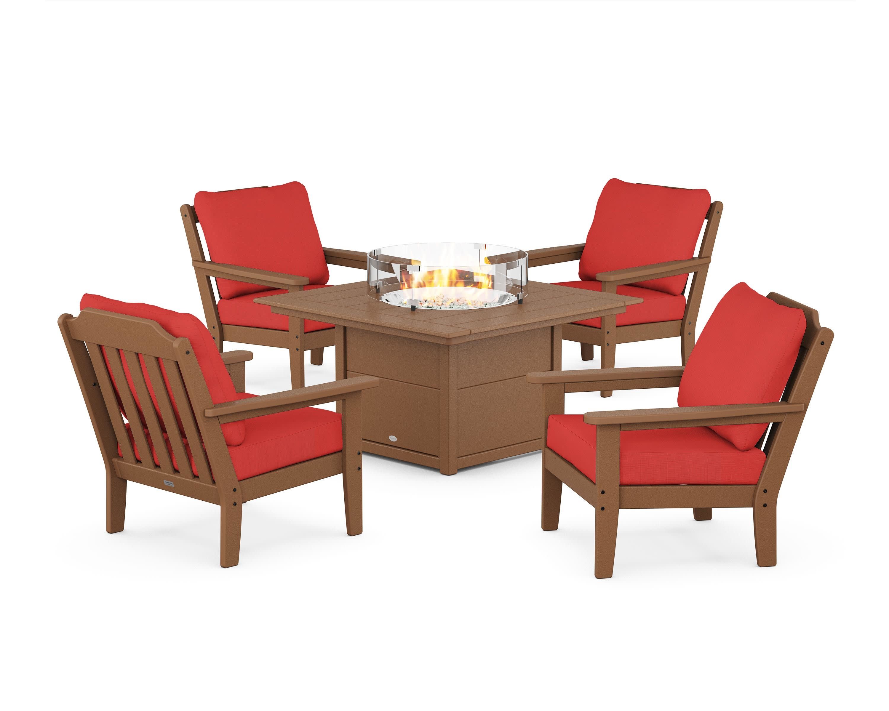 Cottage 5-Piece Deep Seating Set with Fire Pit Table in Teak / Crimson Linen