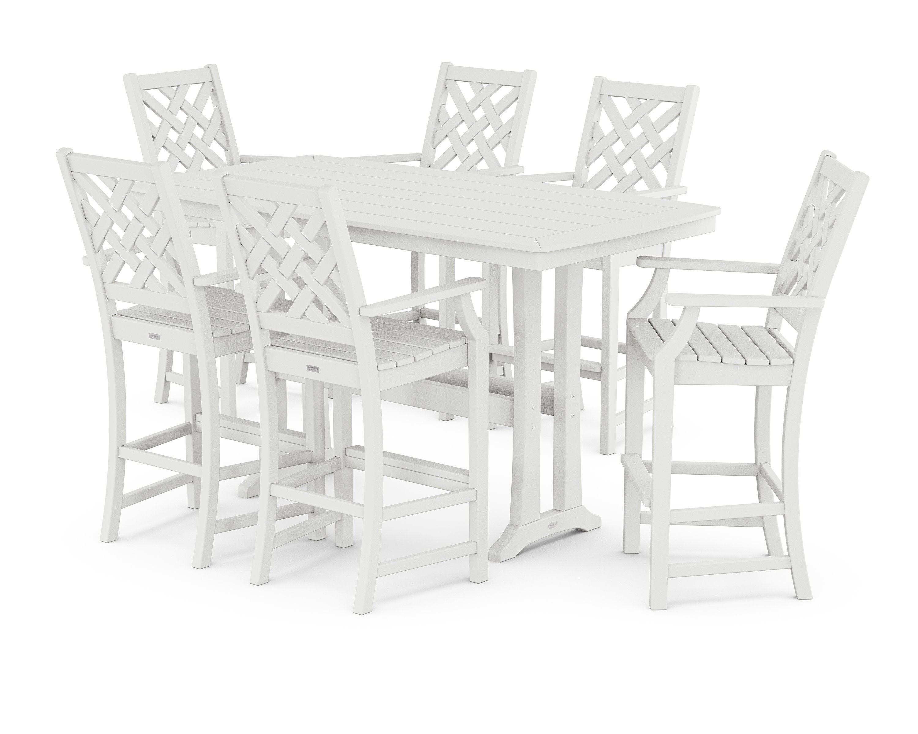 Wovendale Arm Chair 7-Piece Bar Set with Trestle Legs in White