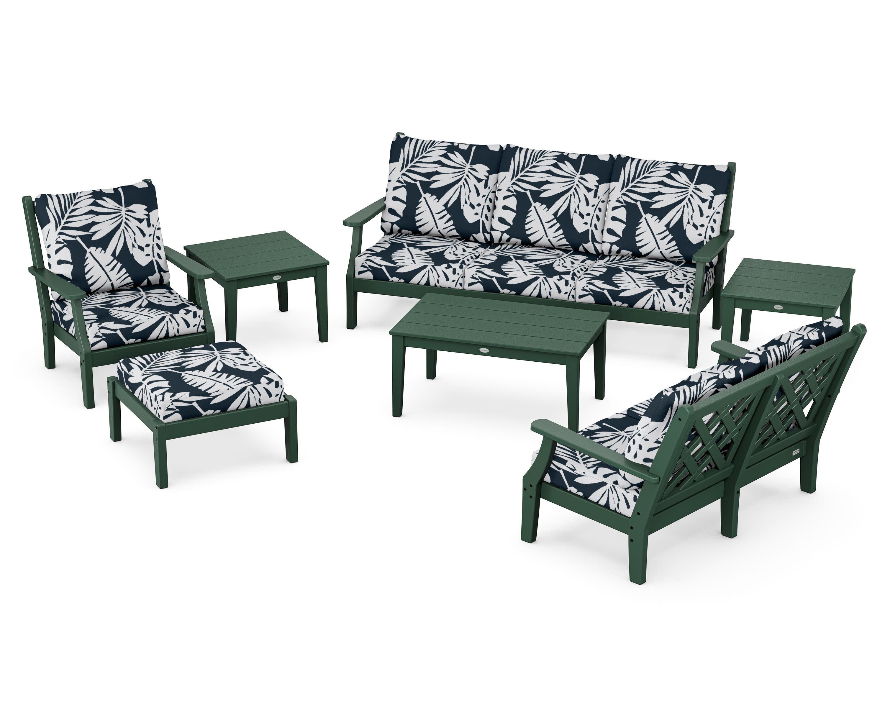 Wovendale 7-Piece Deep Seating Set in Green / Leaf Marine Indigo