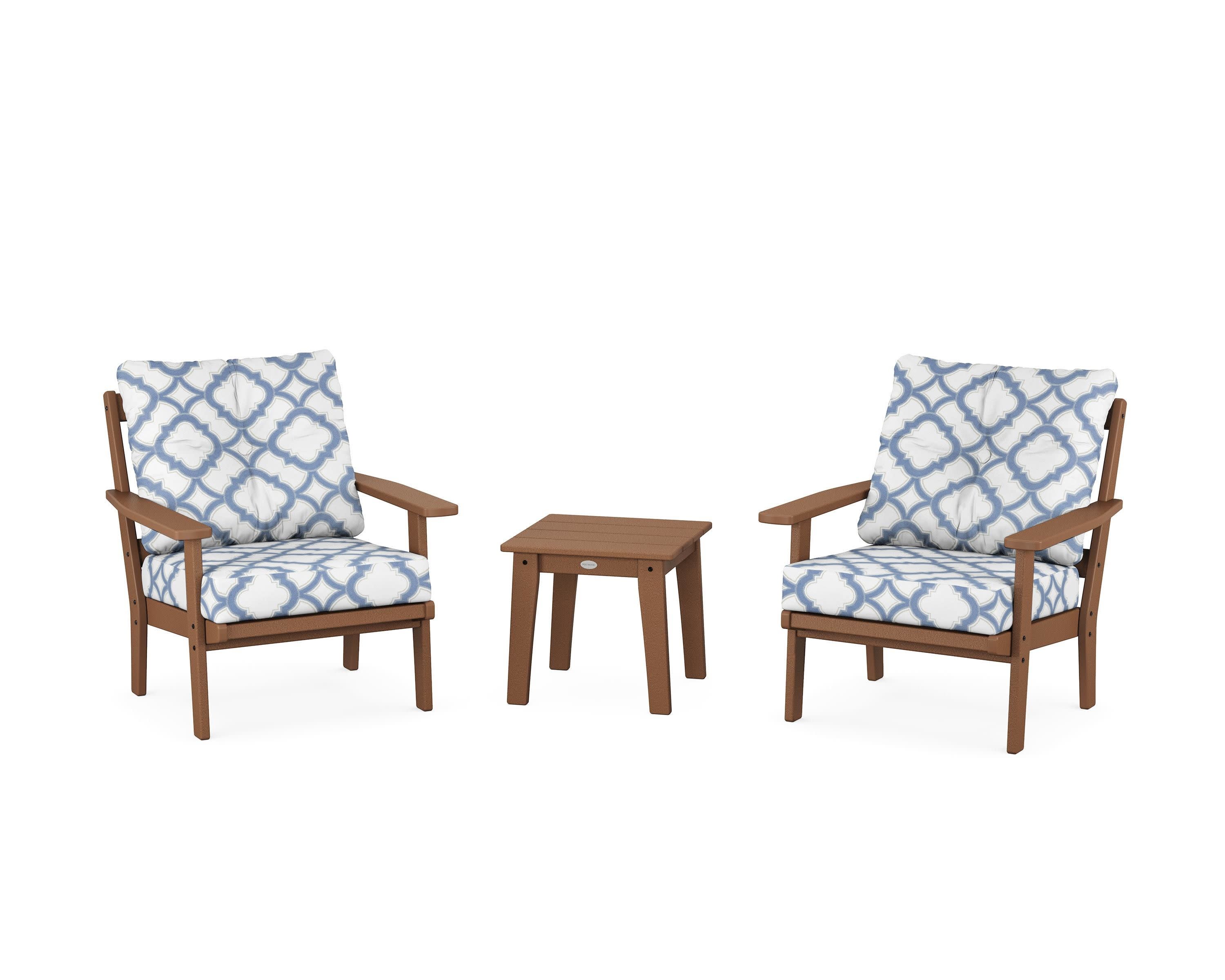 Prairie 3-Piece Deep Seating Set in Teak / Trellis Sky Blue