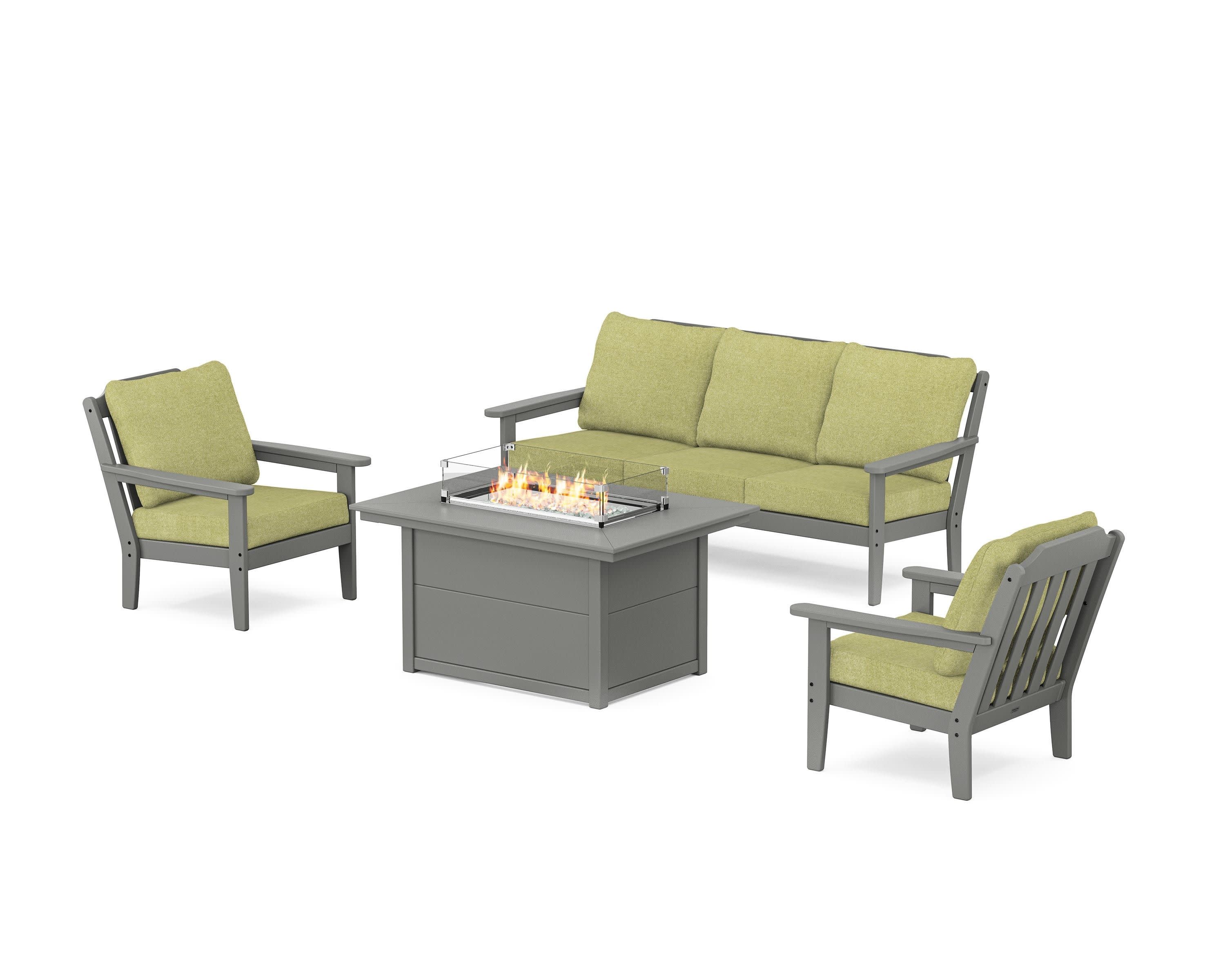 Cottage Deep Seating Fire Pit Table Set in Slate Grey / Chartreuse Boucle