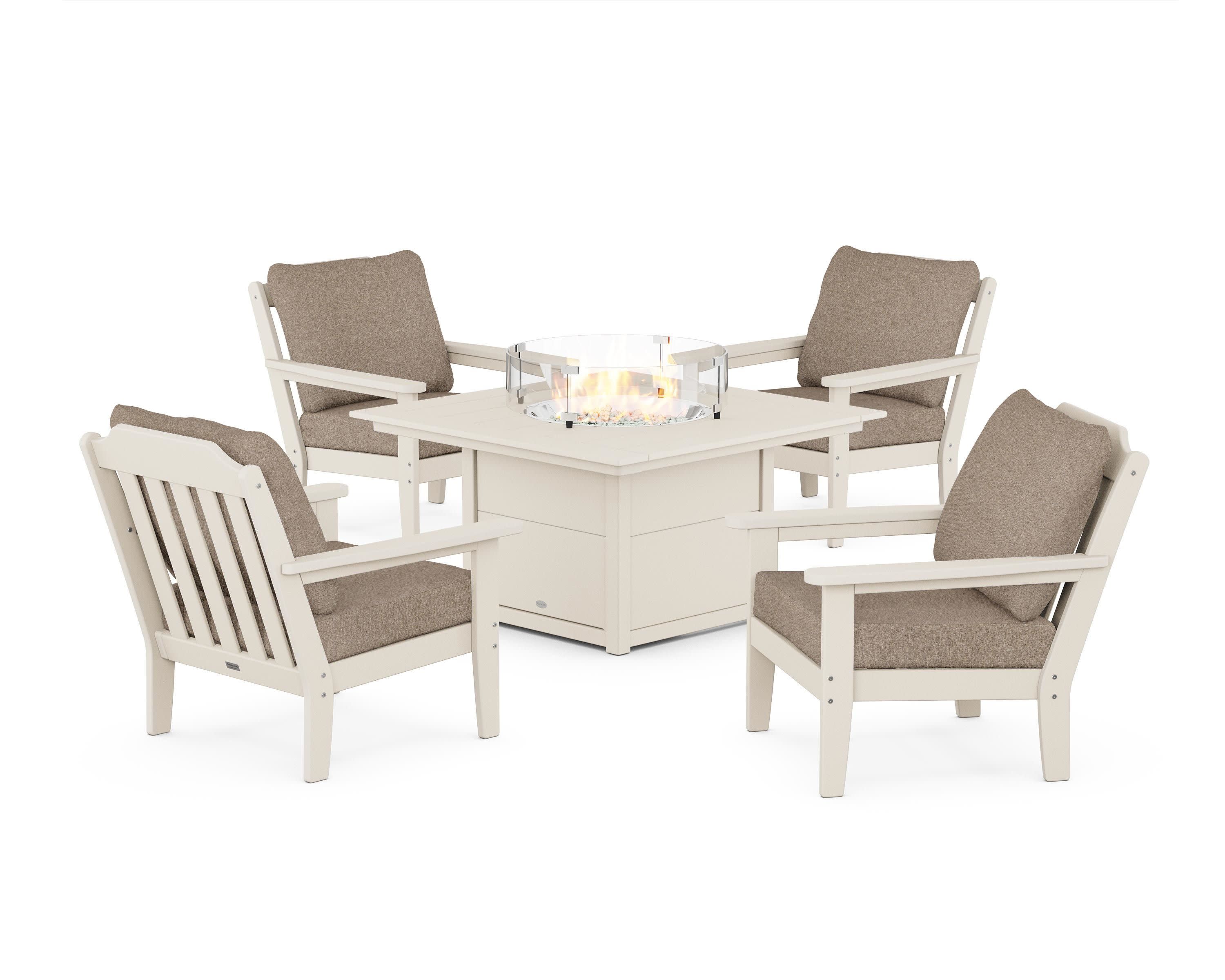 Cottage 5-Piece Deep Seating Set with Fire Pit Table in Sand / Spiced Burlap