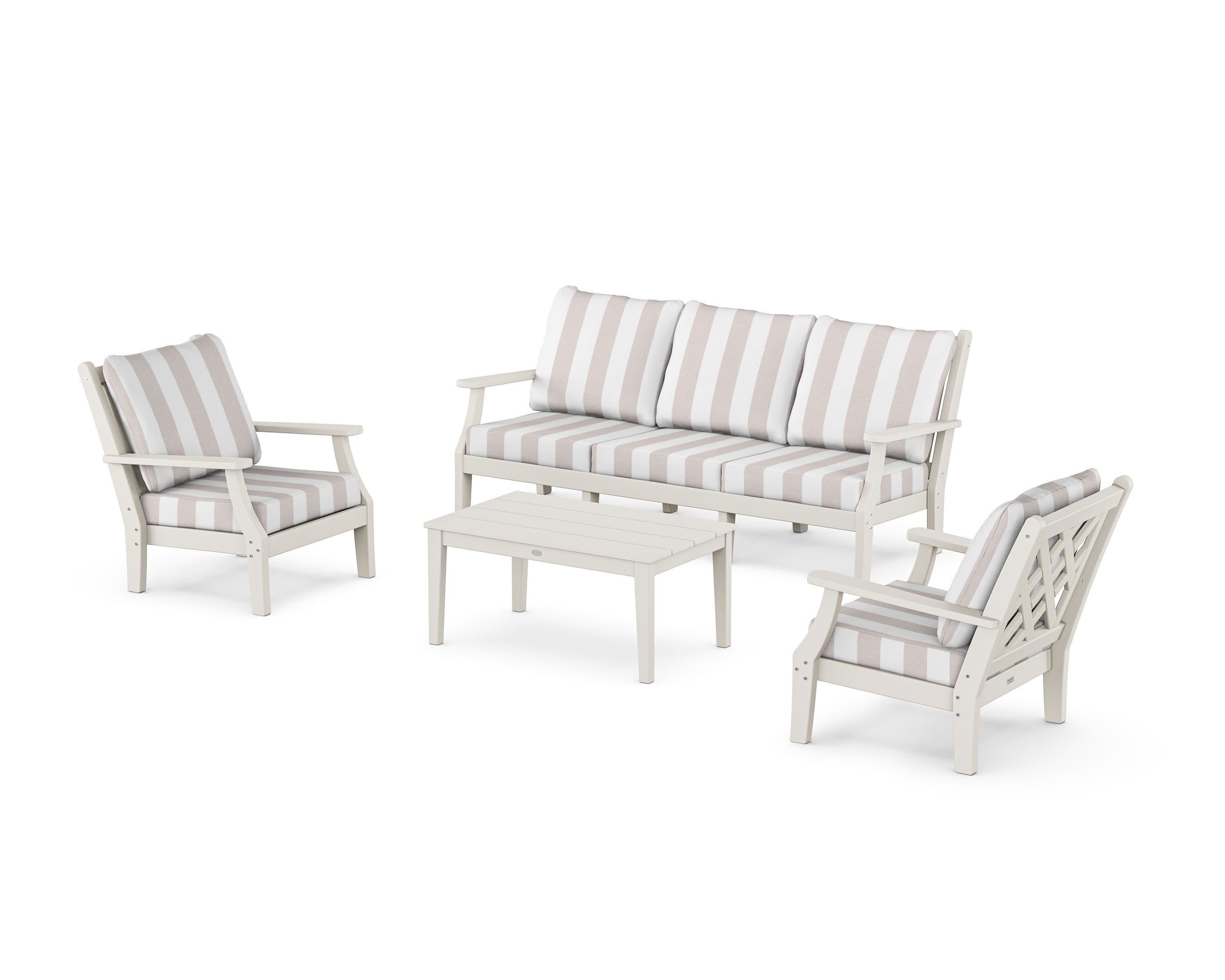 Wovendale 4-Piece Deep Seating Set with Sofa in Sand / Cabana Stripe Dune Burlap