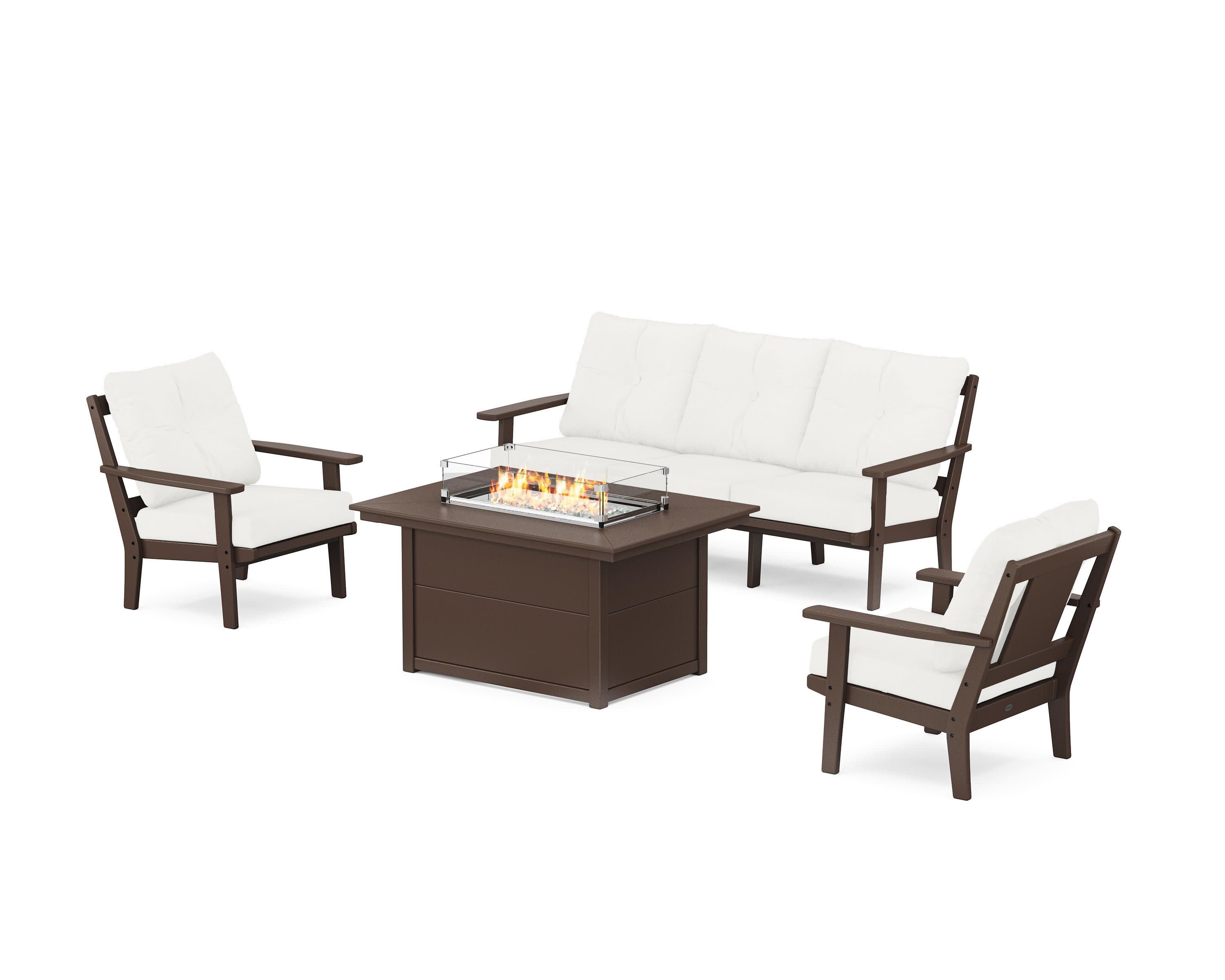 Prairie Deep Seating Fire Pit Table Set in Mahogany / Natural Linen