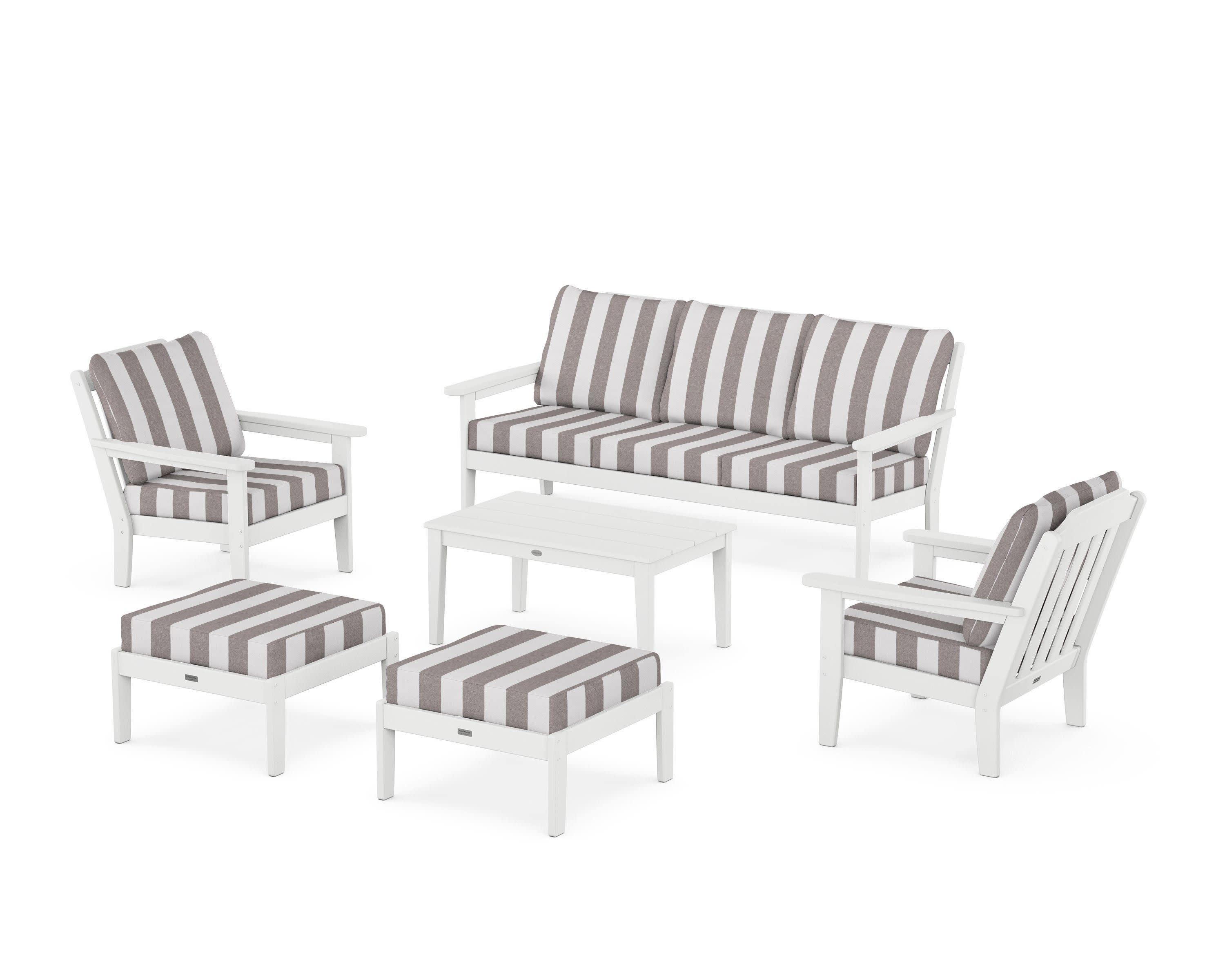 Cottage 6-Piece Lounge Sofa Set in White / Cabana Stripe Grey Mist