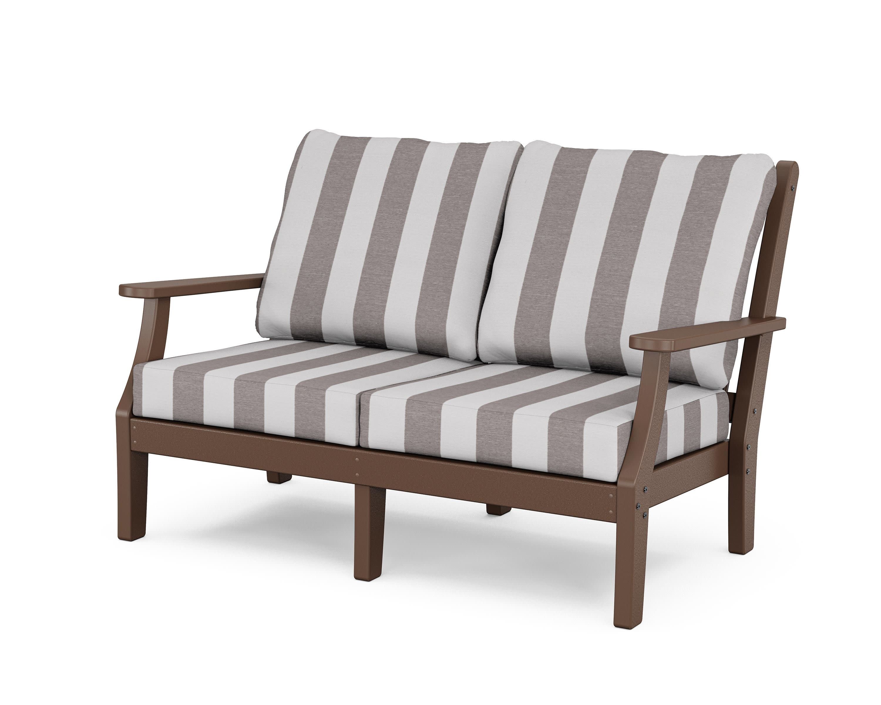 Wovendale Deep Seating Loveseat in Mahogany / Cabana Stripe Grey Mist