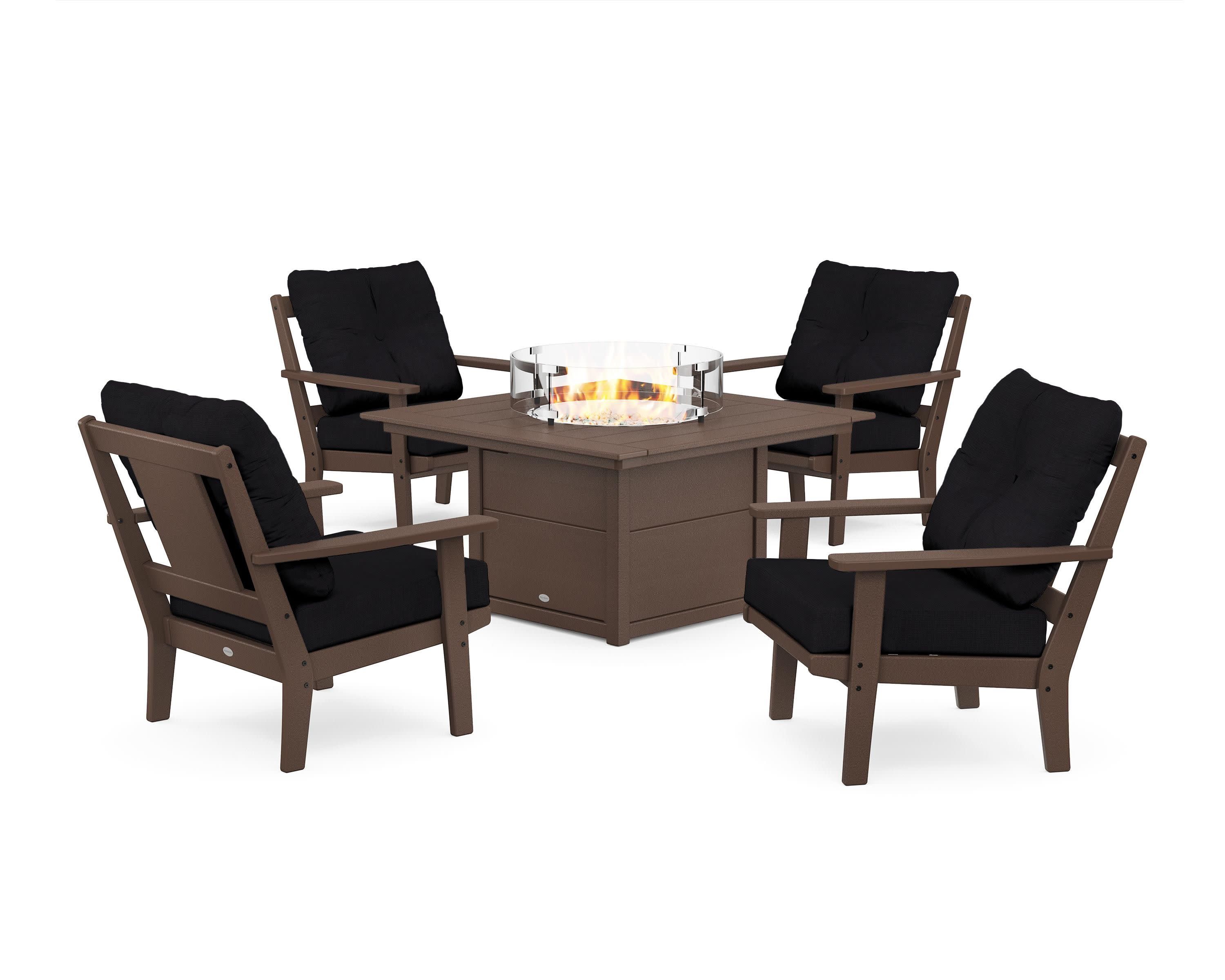 Prairie 5-Piece Deep Seating Set with Fire Pit Table in Mahogany / Midnight Linen