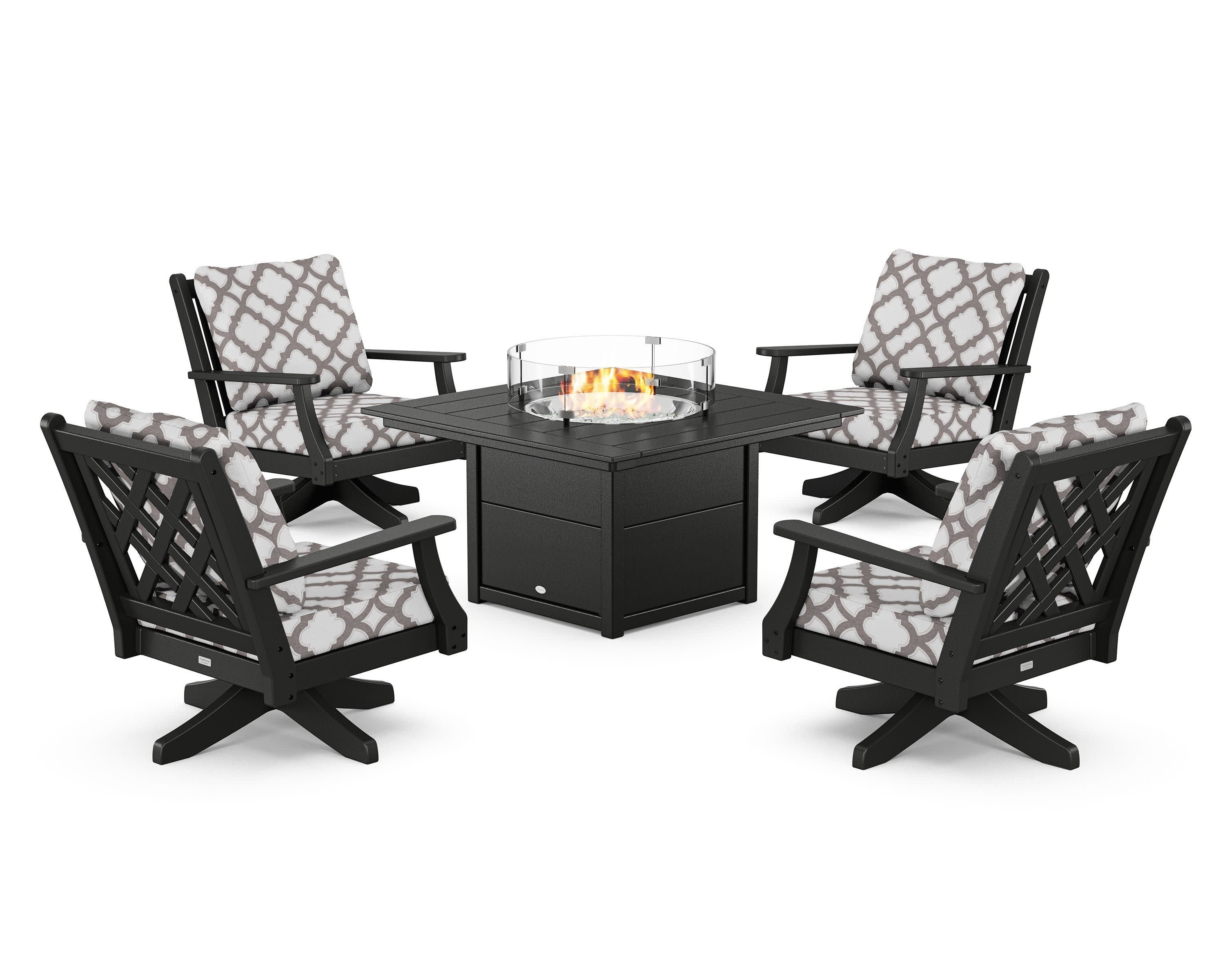 Wovendale 5-Piece Deep Seating Swivel Conversation Set with Fire Pit Table in Black / Trellis Grey Mist