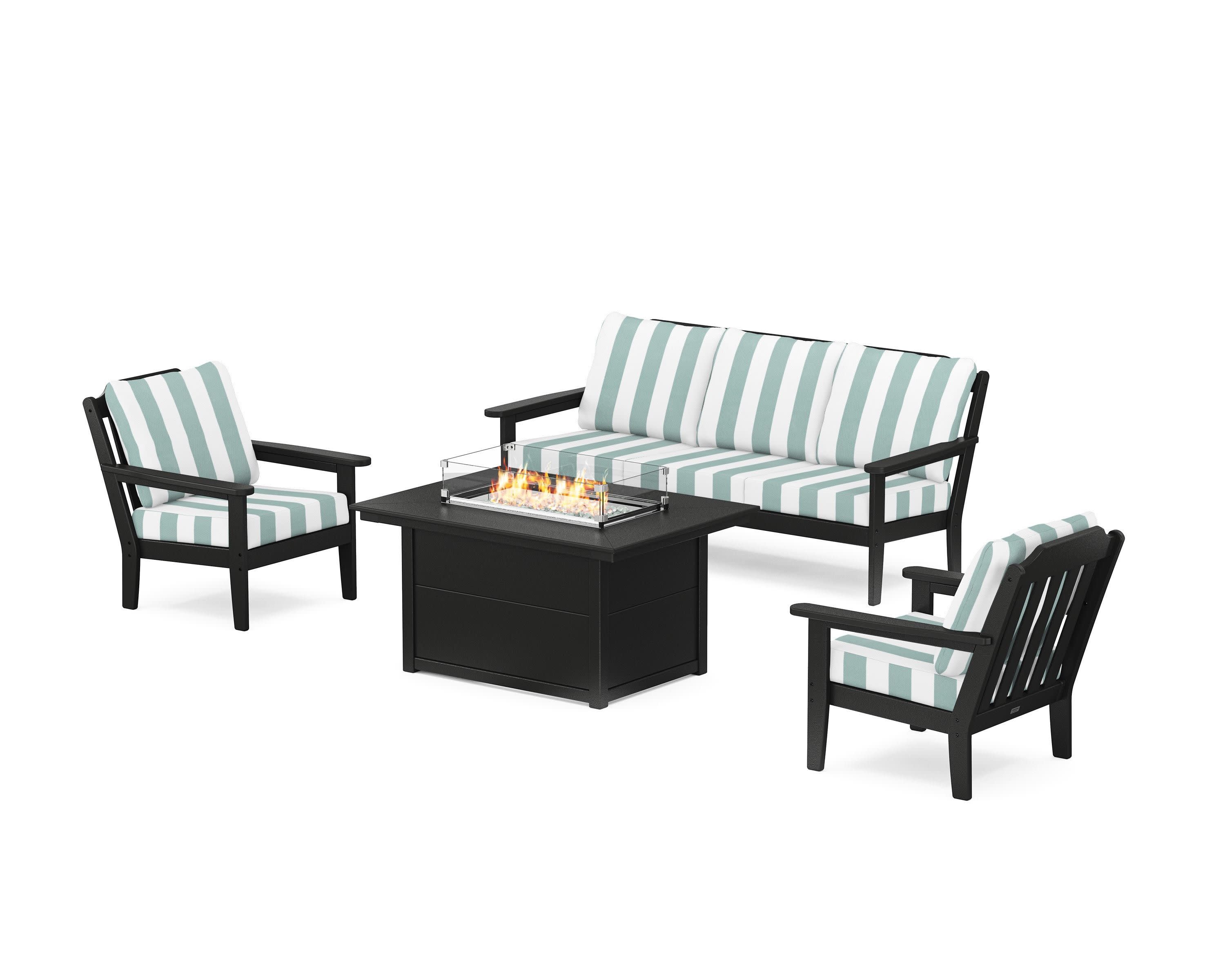 Cottage Deep Seating Fire Pit Table Set in Black / Cabana Stripe Glacier Spa