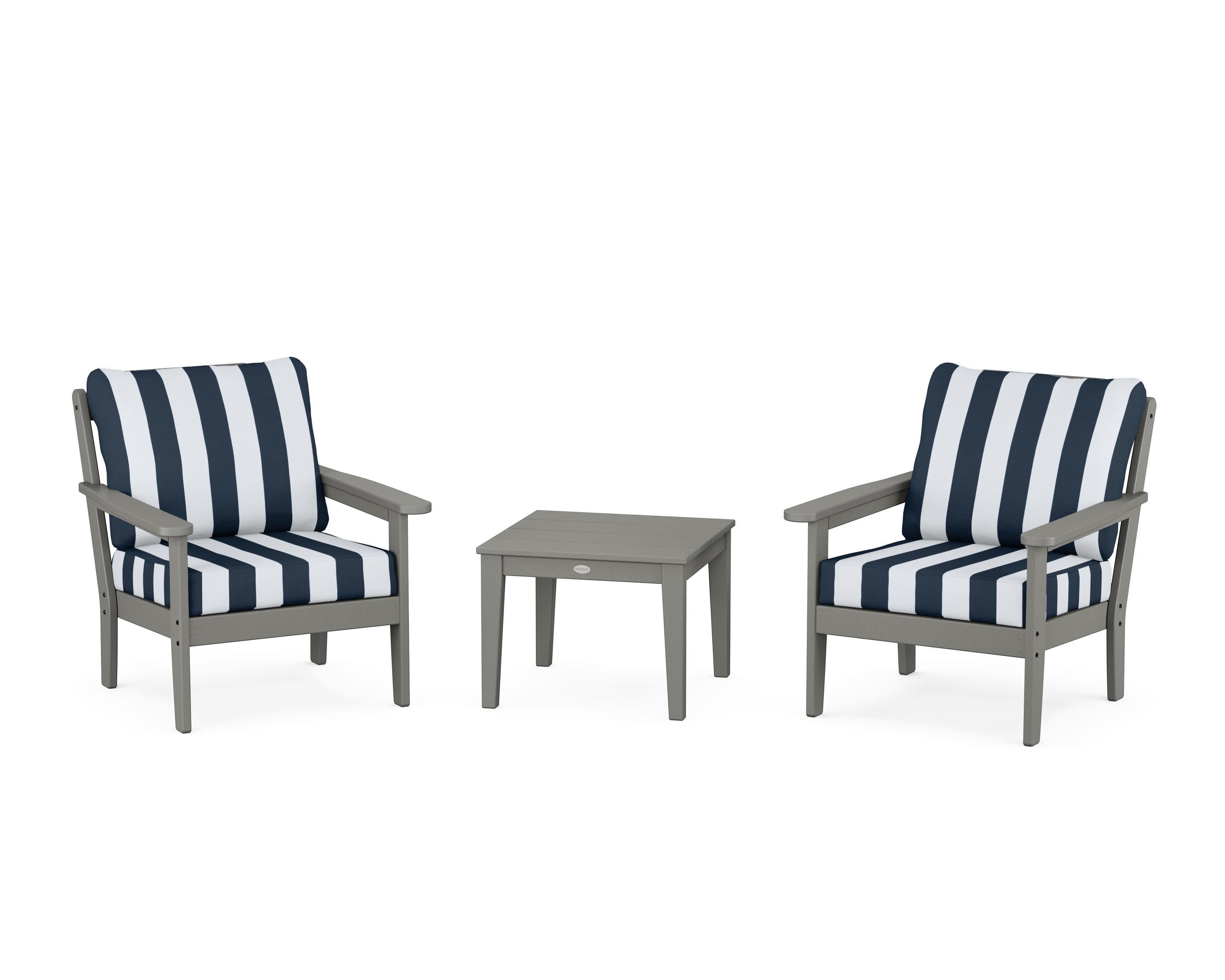 Cottage 3-Piece Deep Seating Set in Slate Grey / Cabana Stripe Marine Indigo