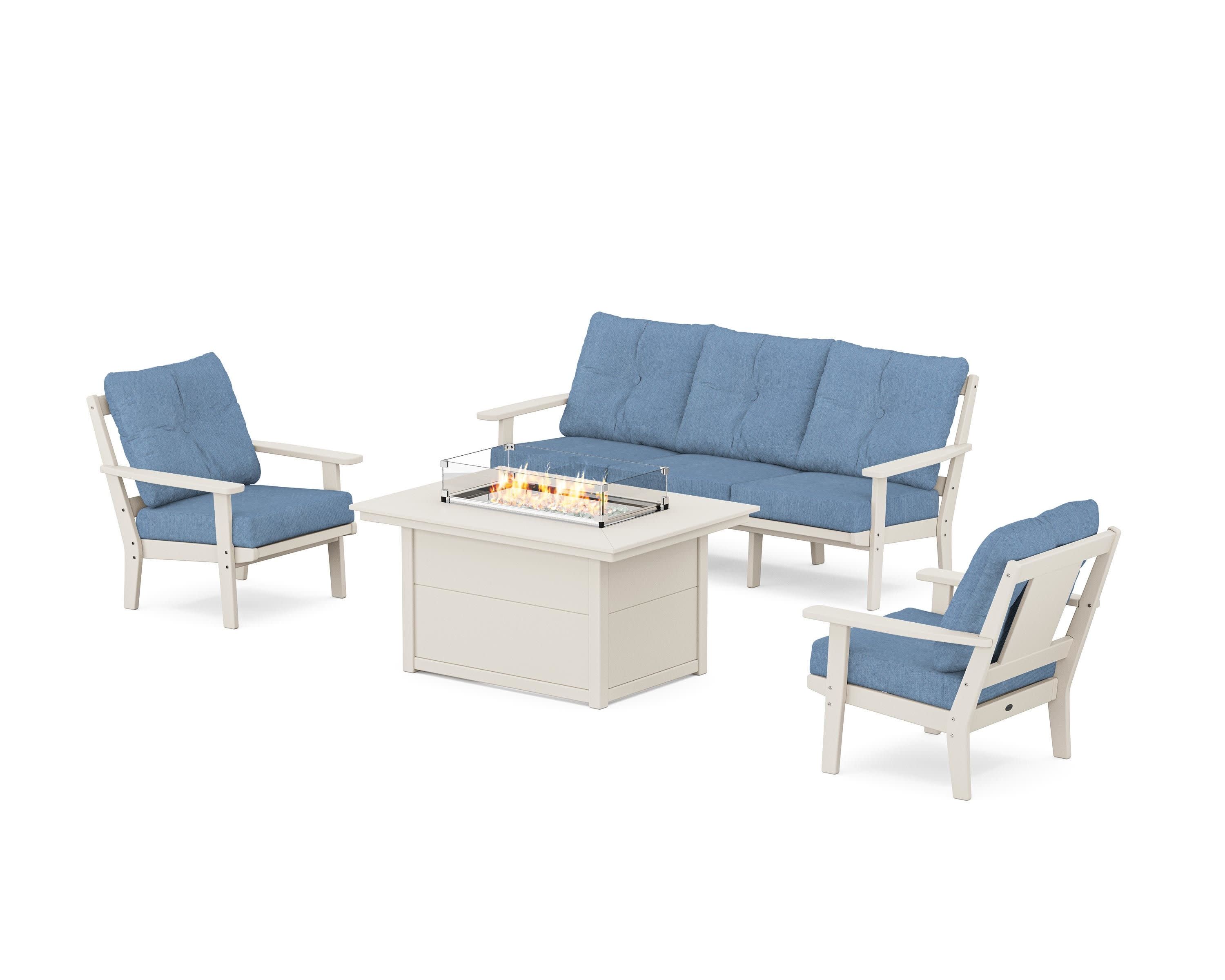Prairie Deep Seating Fire Pit Table Set in Sand / Sky Blue
