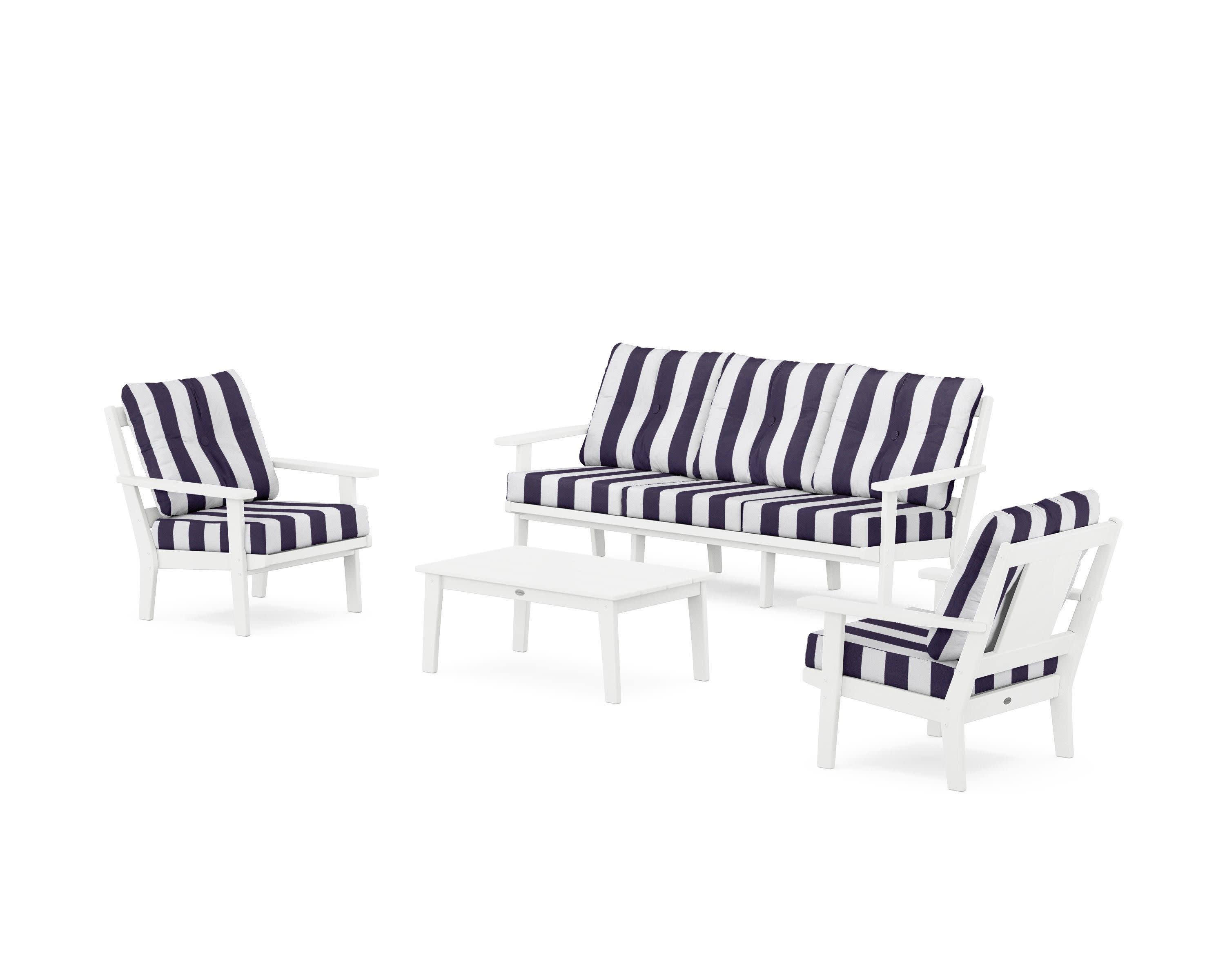 Prairie 4-Piece Deep Seating Set with Sofa in White / Cabana Stripe Navy