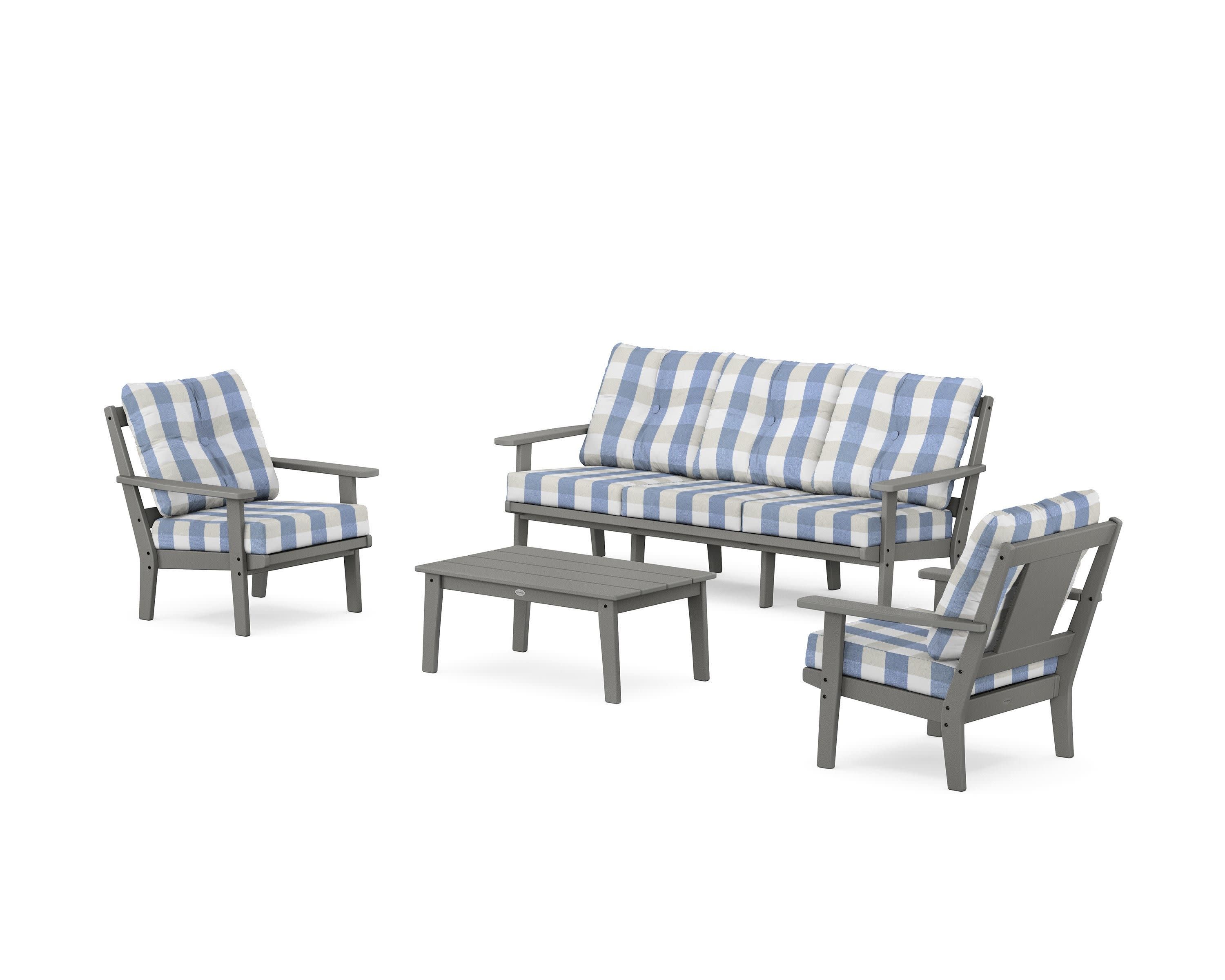 Prairie 4-Piece Deep Seating Set with Sofa in Slate Grey / Buffalo Plaid Sky Blue
