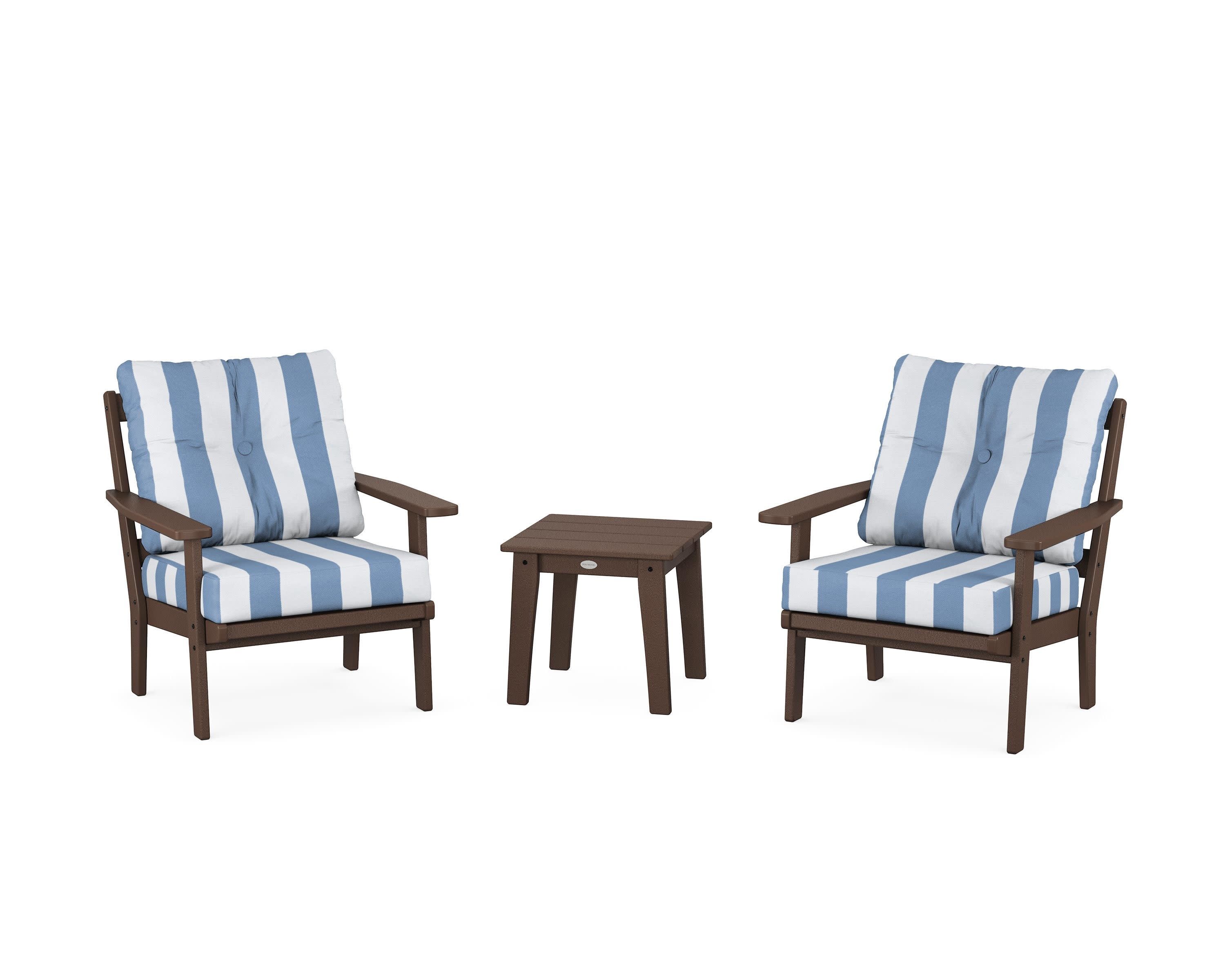 Prairie 3-Piece Deep Seating Set in Mahogany / Cabana Stripe Sky Blue
